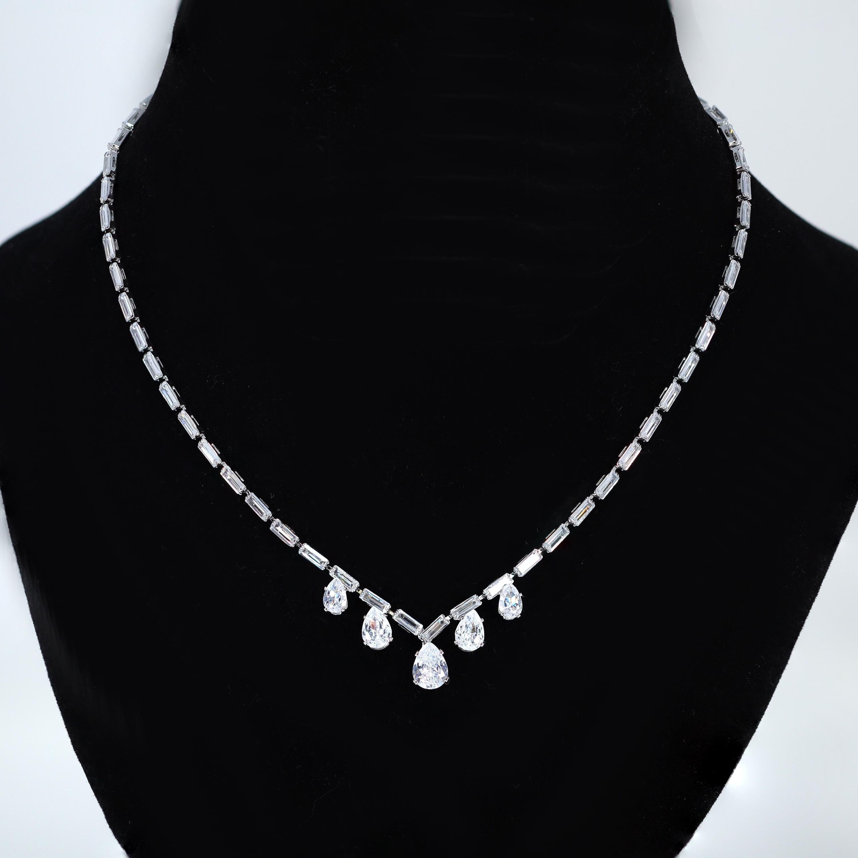 Zircon Bridal Leaves V shape Teardrop Necklace , Long Bridal Jewelry, Bridal Necklace, Statement Necklace Set.