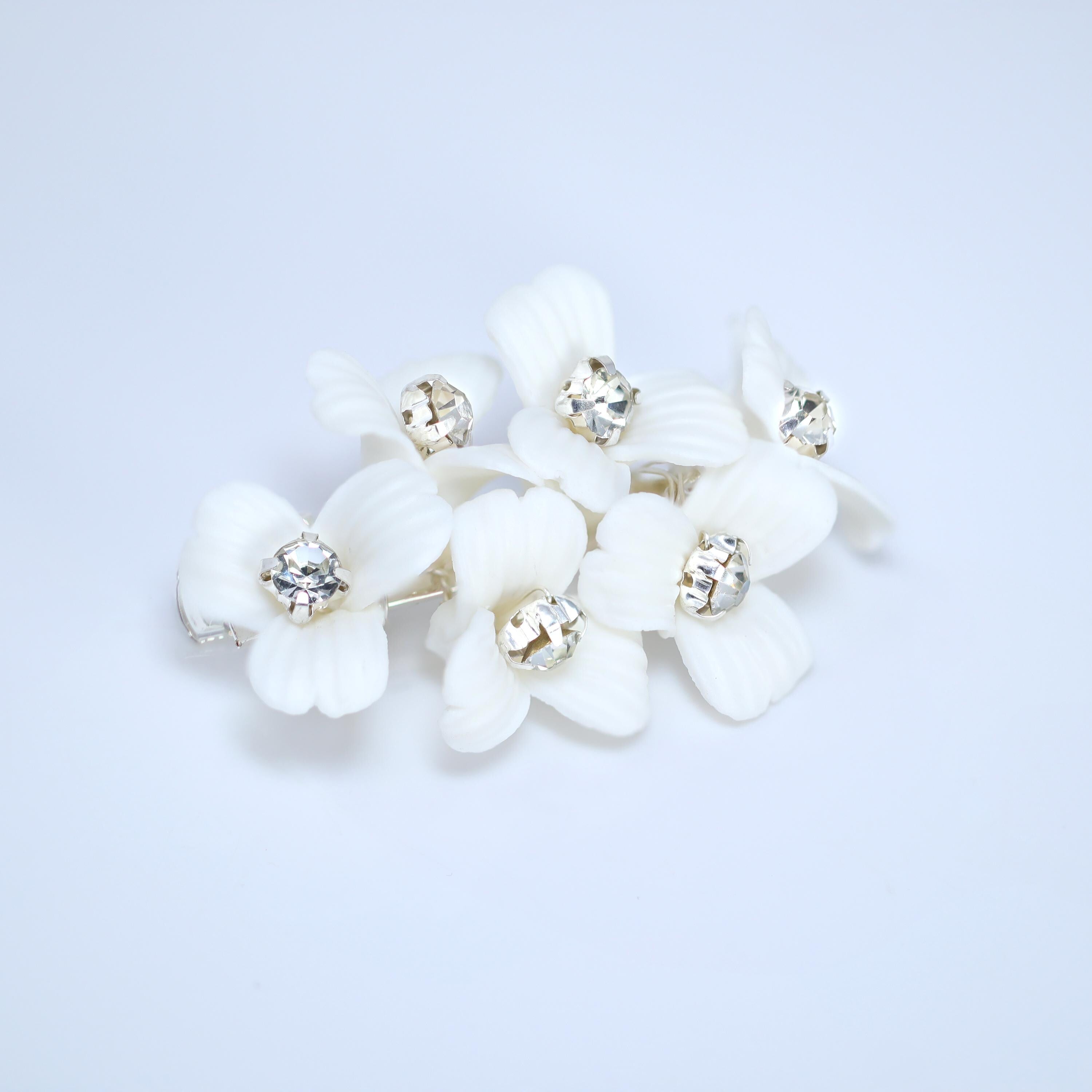 Swarovski Crystal Dainty Porcelain White Flower Bloom Bridal Hair Clip, Bridesmaid Gift, Wedding Hair Accessory.