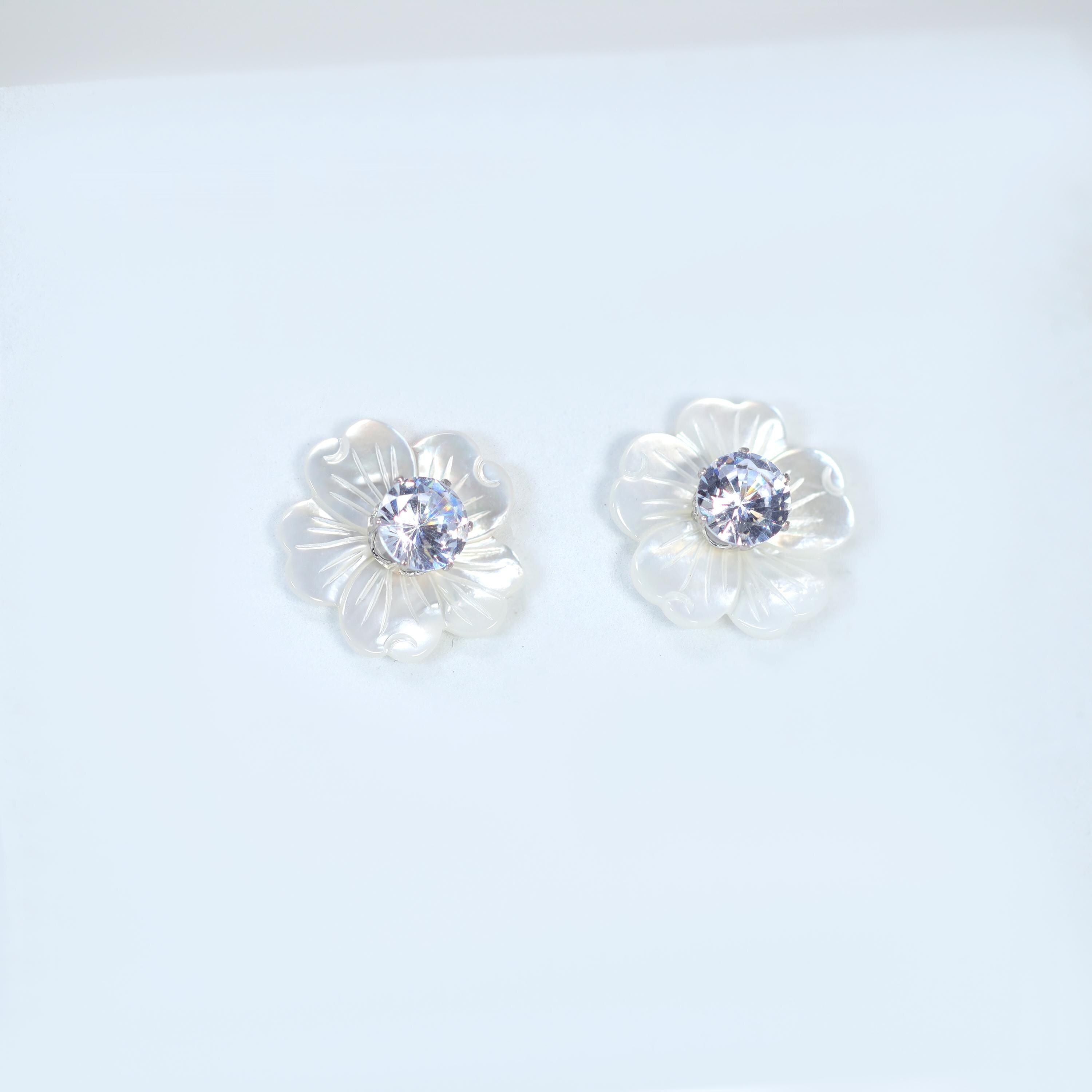 CZ Diamond With Mother Of Pearl Carved White Flower Earrings, Bridal Jewelry Bridal Peach flower Stud Earrings Pearl Stud Statement Earrings
