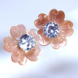 CZ Diamond With Mother Of Pearl Carved White Flower Earrings, Bridal Jewelry Bridal Peach flower Stud Earrings Pearl Stud Statement Earrings