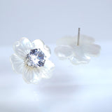 CZ Diamond With Mother Of Pearl Carved White Flower Earrings, Bridal Jewelry Bridal Peach flower Stud Earrings Pearl Stud Statement Earrings