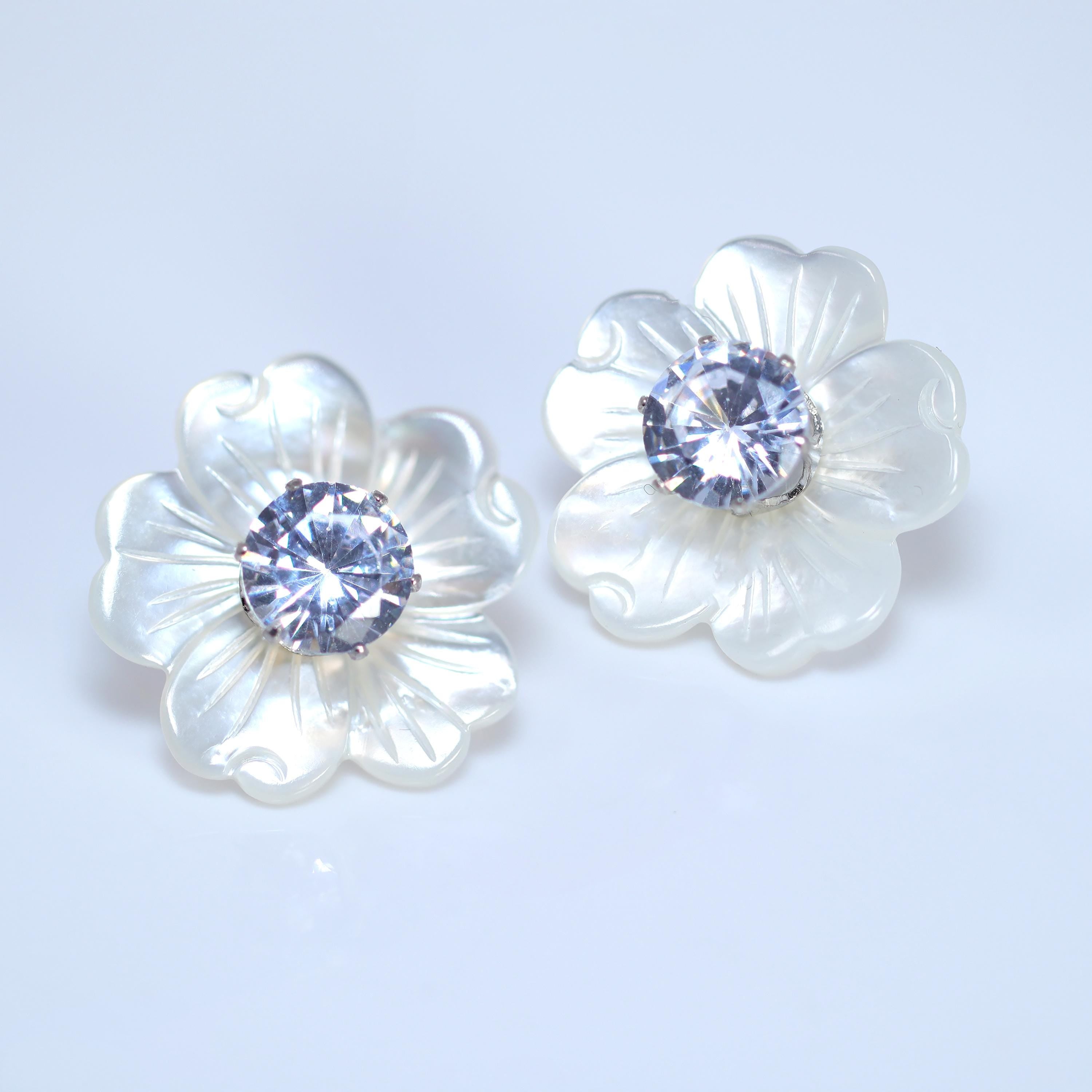 CZ Diamond With Mother Of Pearl Carved White Flower Earrings, Bridal Jewelry Bridal Peach flower Stud Earrings Pearl Stud Statement Earrings