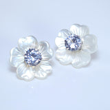 CZ Diamond With Mother Of Pearl Carved White Flower Earrings, Bridal Jewelry Bridal Peach flower Stud Earrings Pearl Stud Statement Earrings