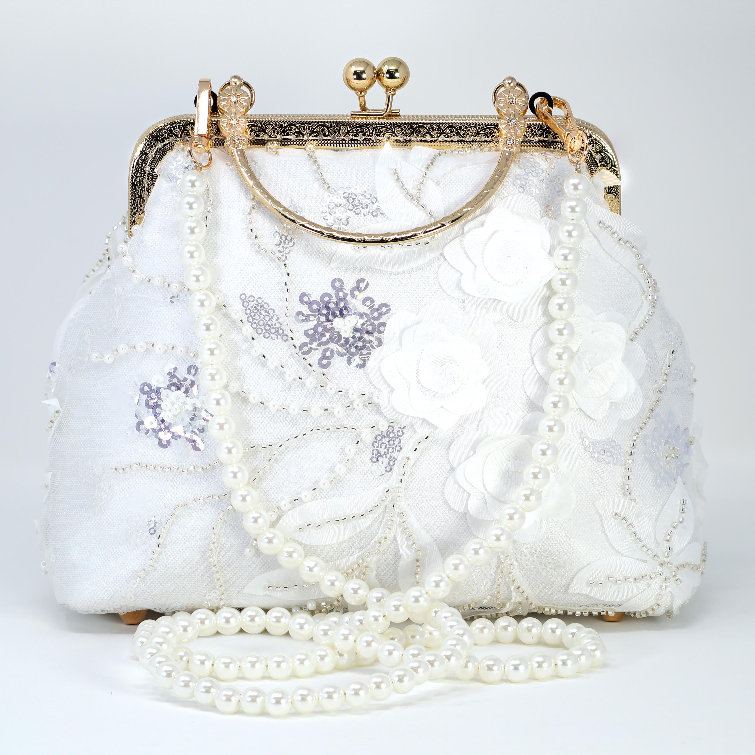 Faux Pearl Embroidered White Floral Garden Bridal Wedding Bag, Statement Bag, Evening Wedding Clutch, Cross Body Bag