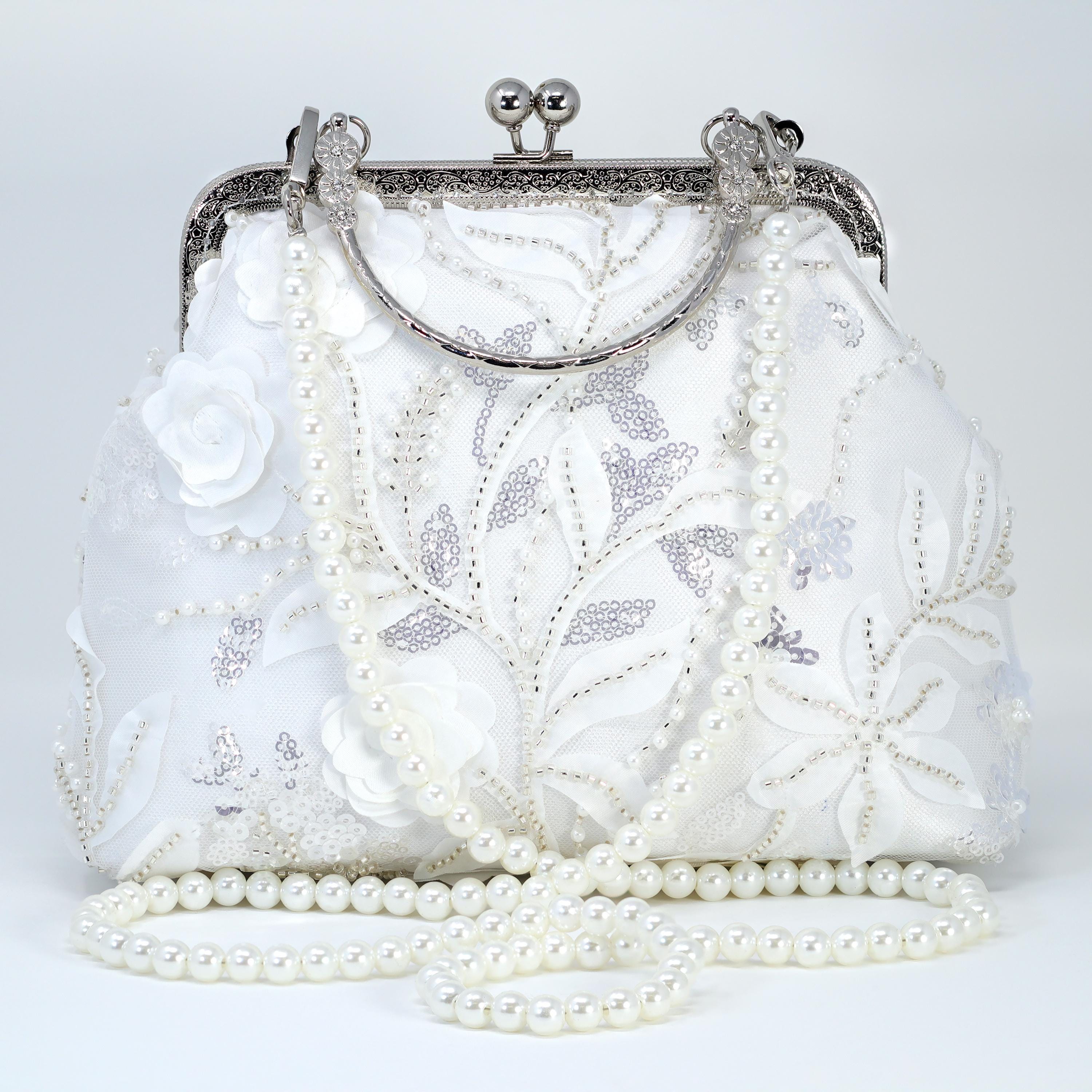 Faux Pearl Embroidered White Floral Garden Bridal Wedding Bag, Statement Bag, Evening Wedding Clutch, Cross Body Bag