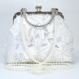 Faux Pearl Embroidered White Floral Garden Bridal Wedding Bag, Statement Bag, Evening Wedding Clutch, Cross Body Bag
