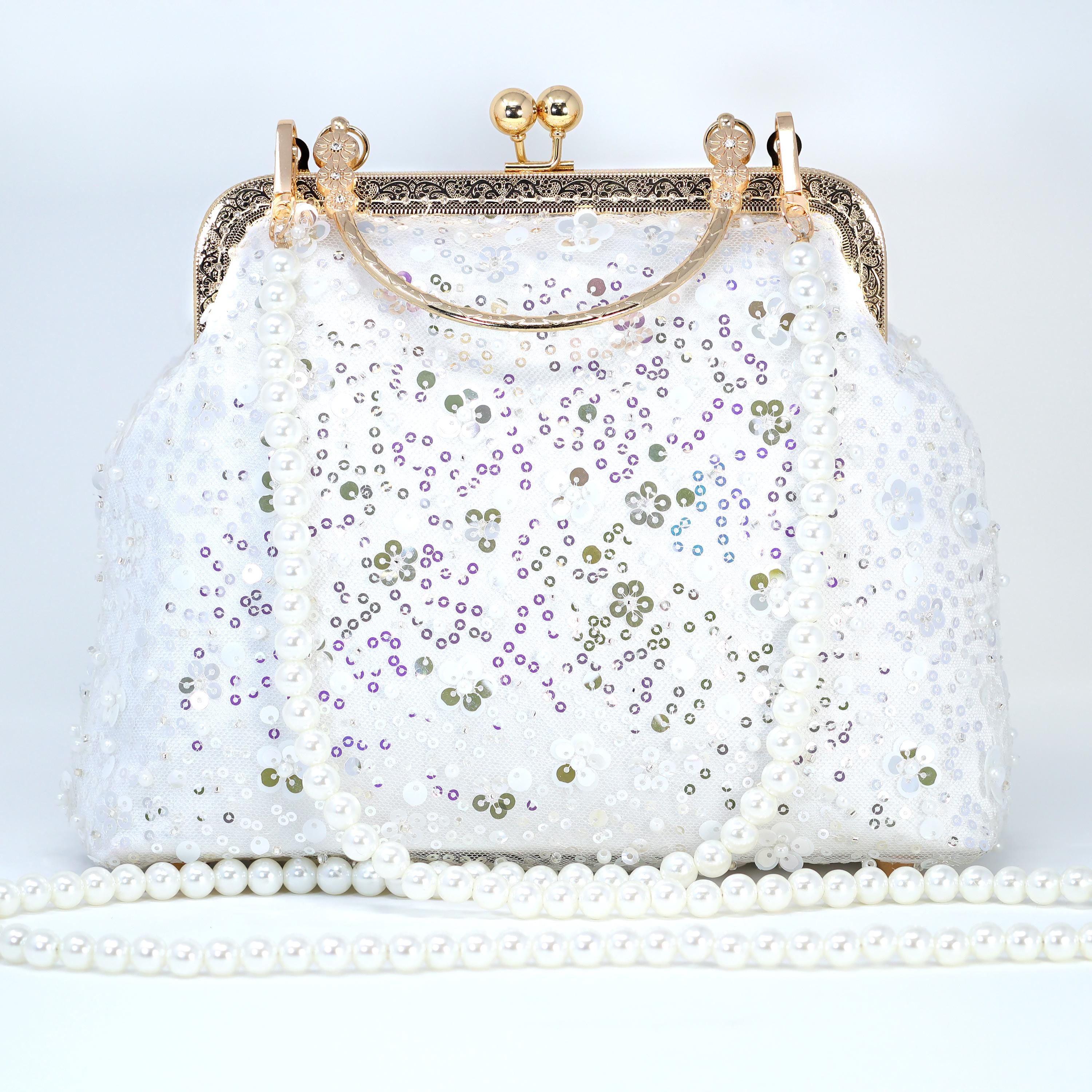 Faux Pearl Embroidered Shimmering Floral Bouquet Bridal Wedding Bag, Statement Bag, Evening Wedding Clutch, Cross Body Bag