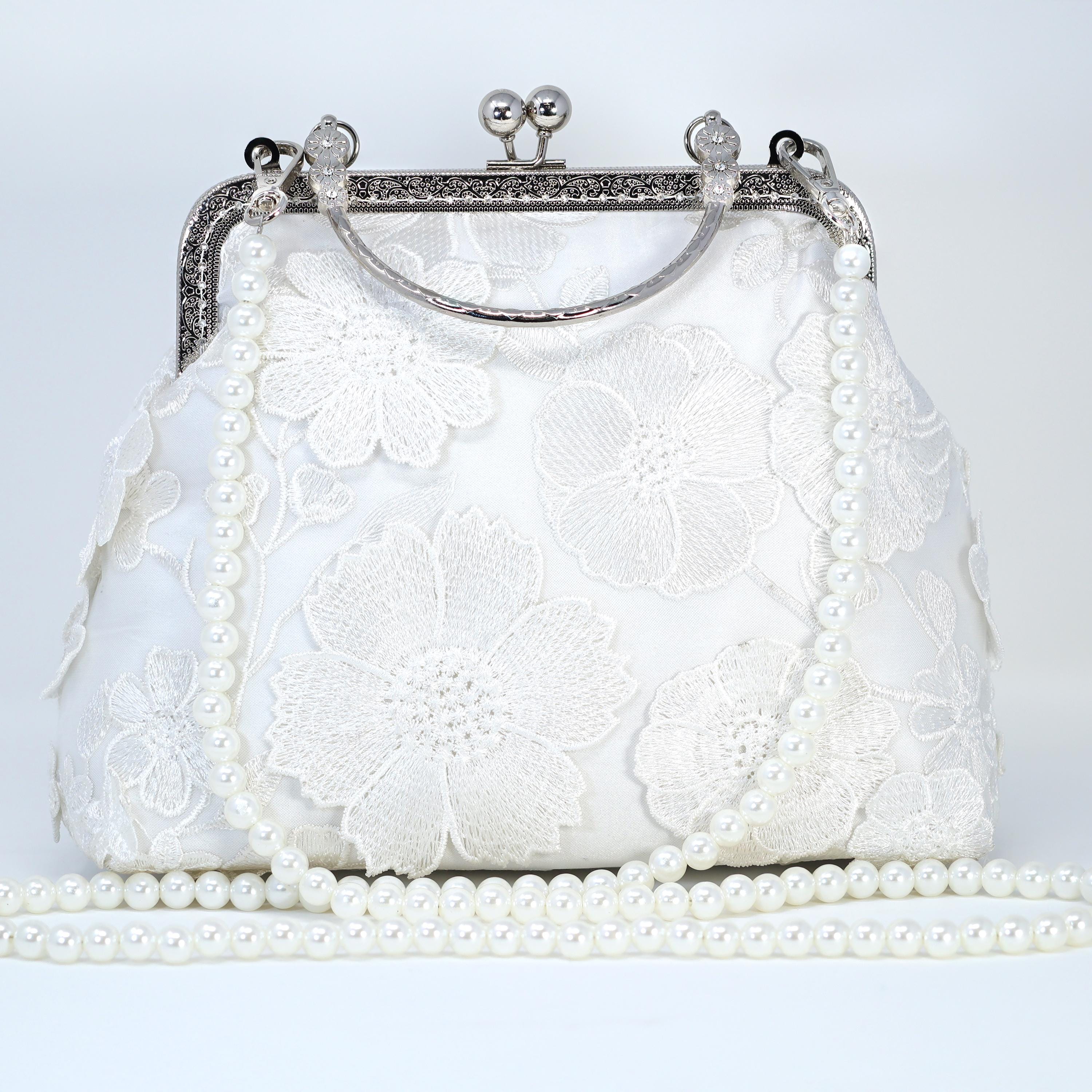Embroidered White Floral Bouquet Bridal Wedding Bag, Statement Bag, Evening Wedding Clutch, Cross Body Bag