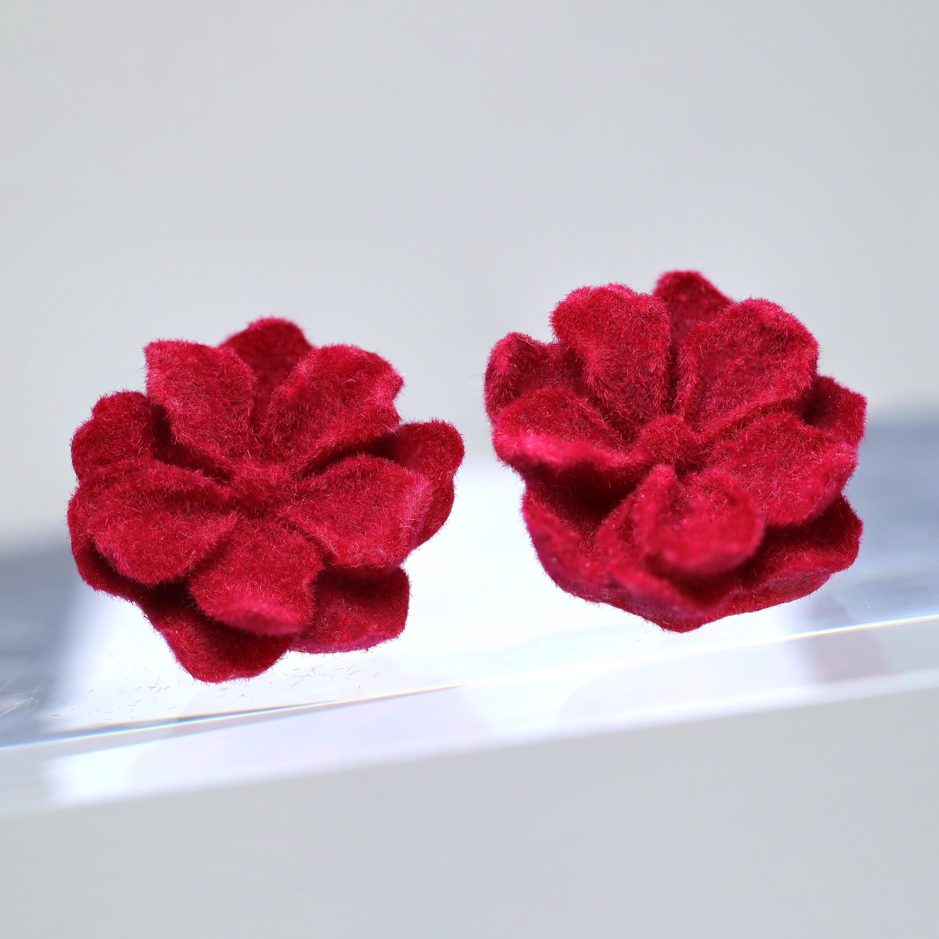 Valentines Red Velvet Flower Stud Earrings, Bridal Jewelry, Bridal Stud Earrings, Gift For Her, Statement Earrings, Bridesmaid Earring.