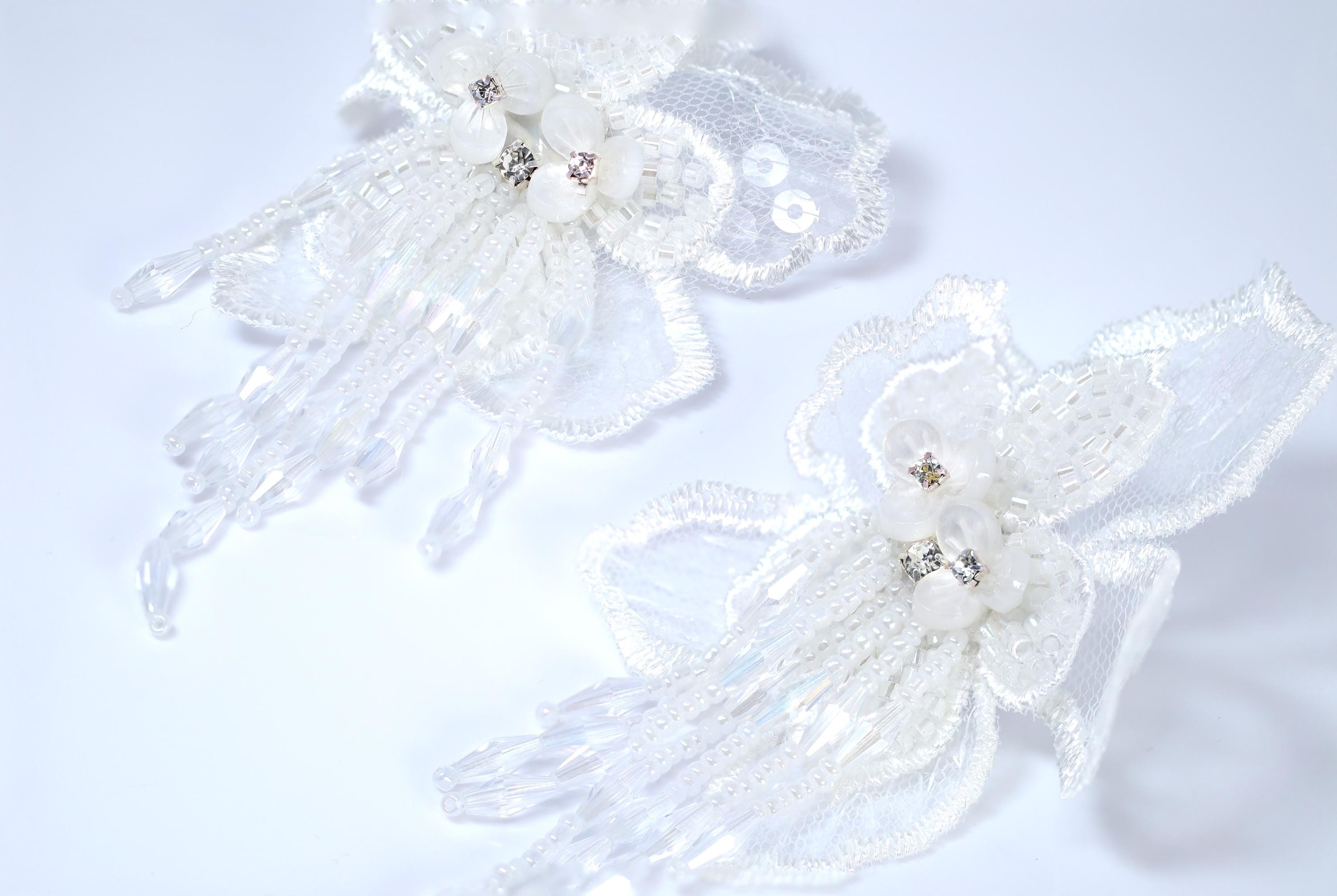 White Embroidered Fabric Flower With Water Droplets Earrings, Long Bridal Jewelry Bridal Earrings Crystal Bridal Earrings Statement Earrings