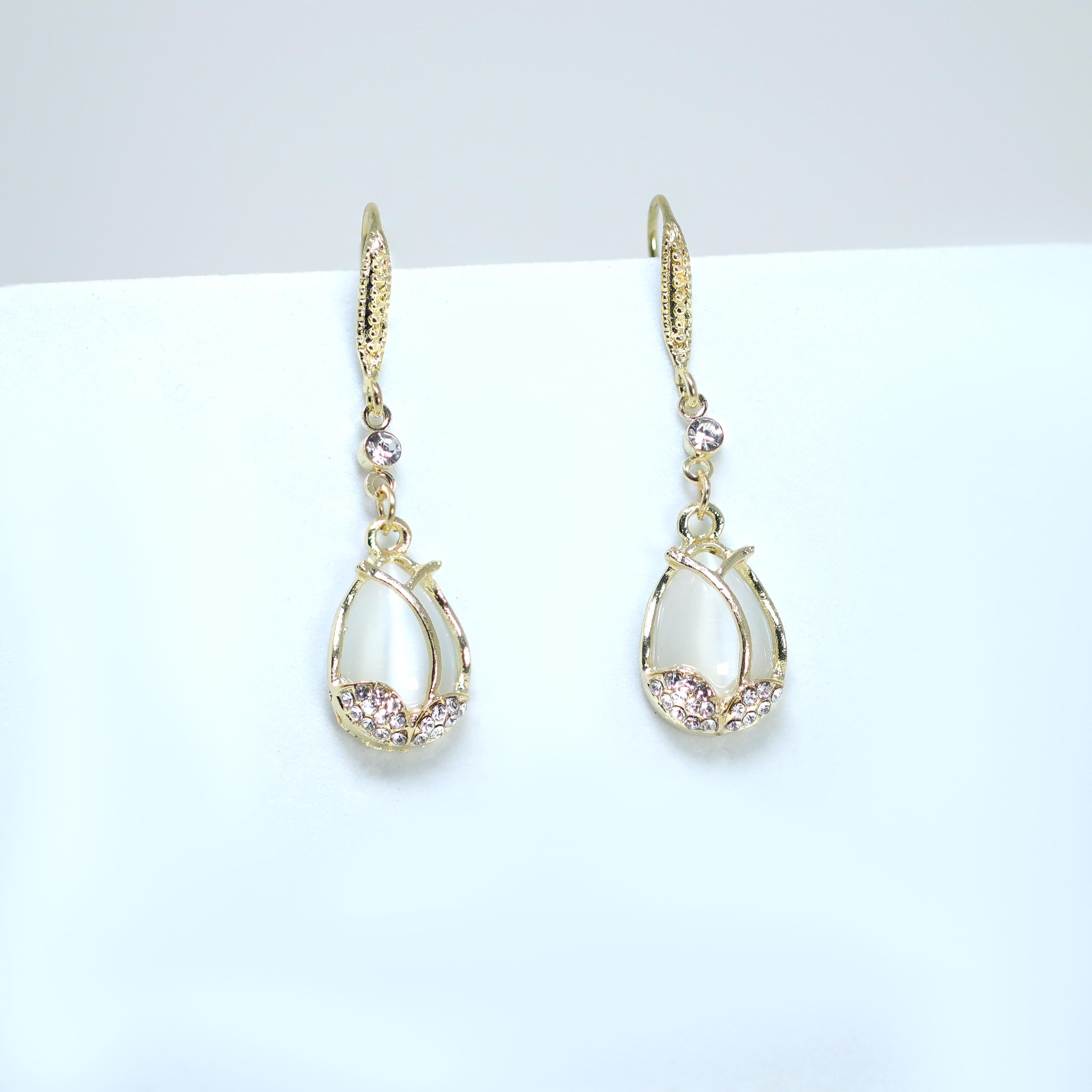 White Cat Eye Stone Drop Dangle Bridal Earrings, Crystal Bridal Earrings, Statement Earrings Cz