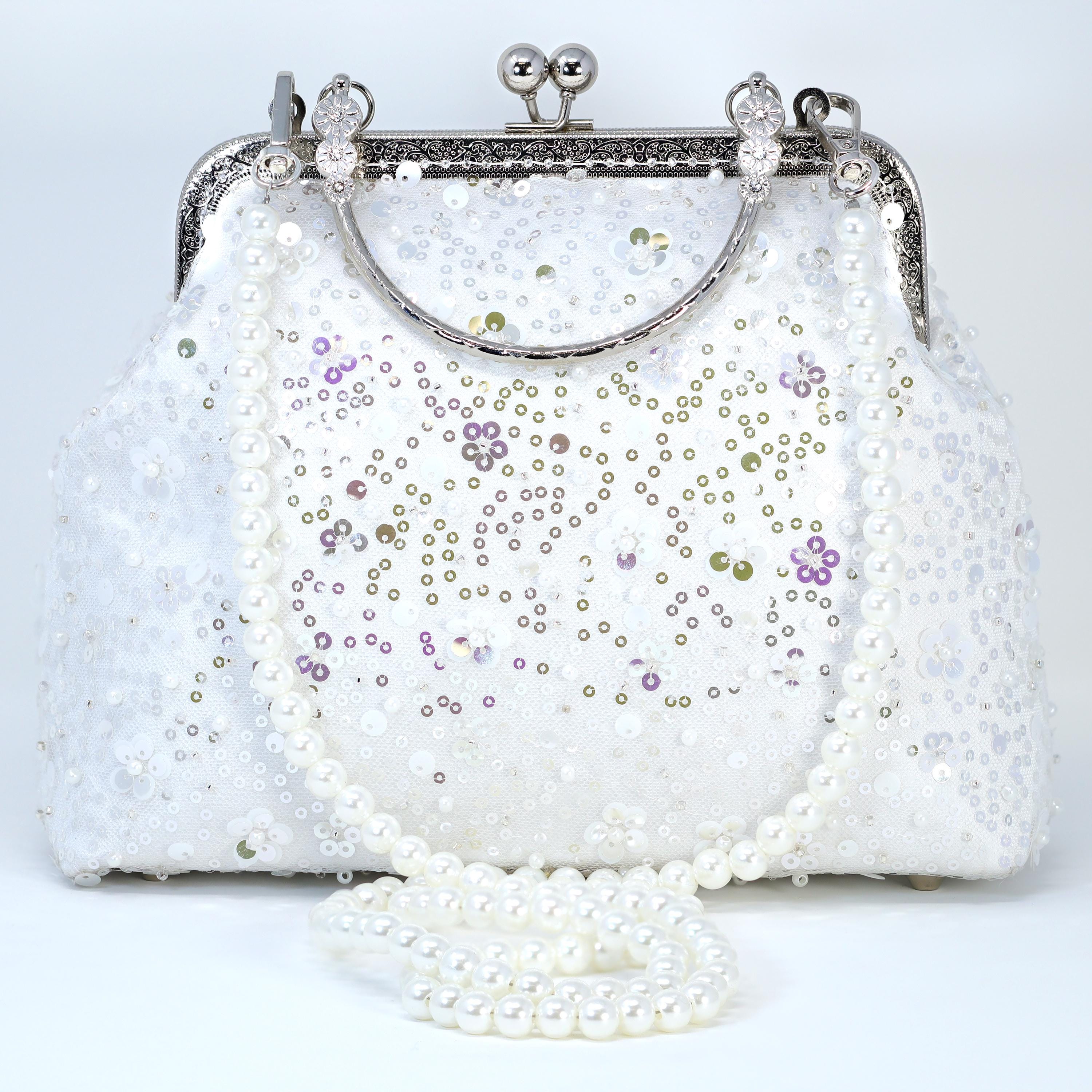 Faux Pearl Embroidered Shimmering Floral Bouquet Bridal Wedding Bag, Statement Bag, Evening Wedding Clutch, Cross Body Bag