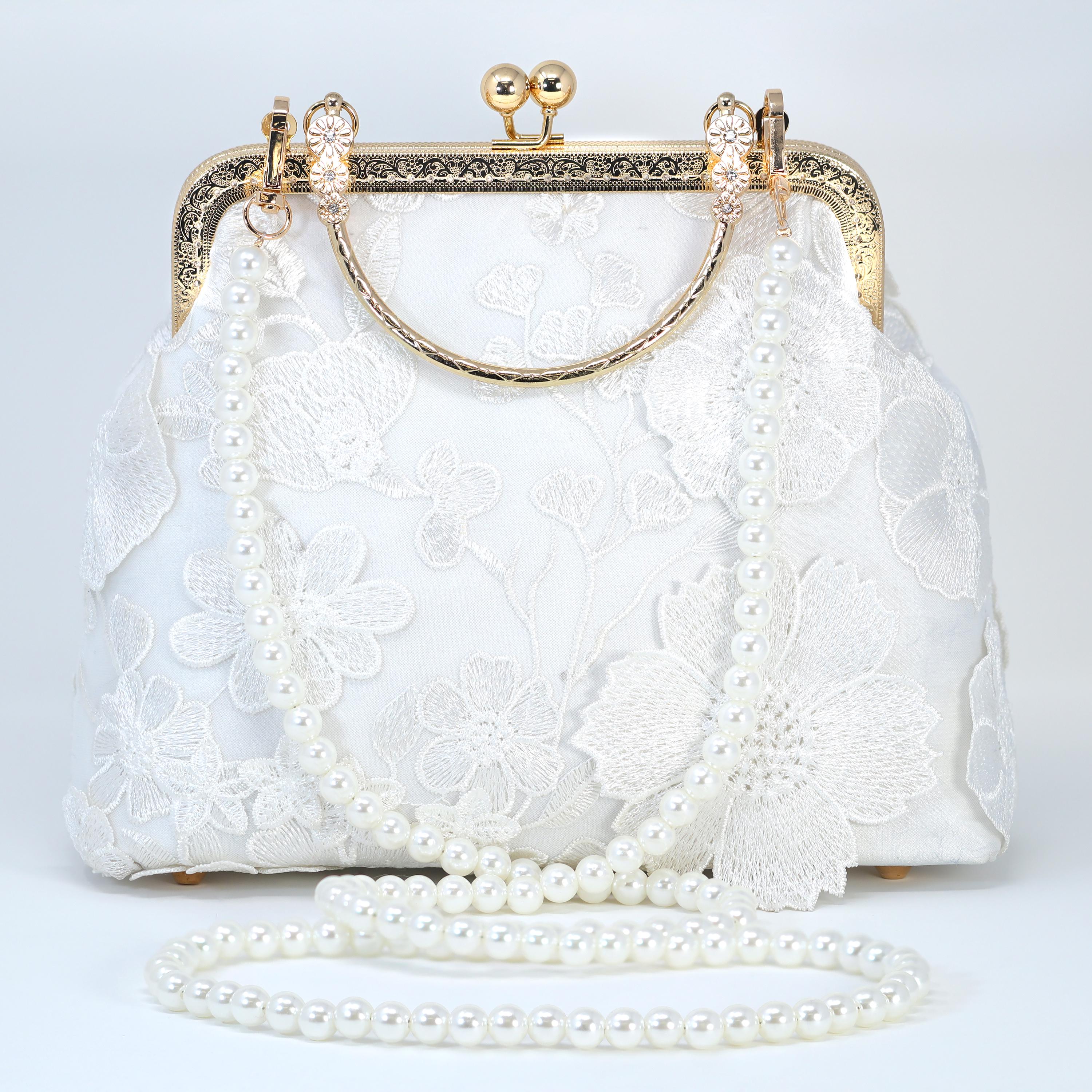 Embroidered White Floral Bouquet Bridal Wedding Bag, Statement Bag, Evening Wedding Clutch, Cross Body Bag
