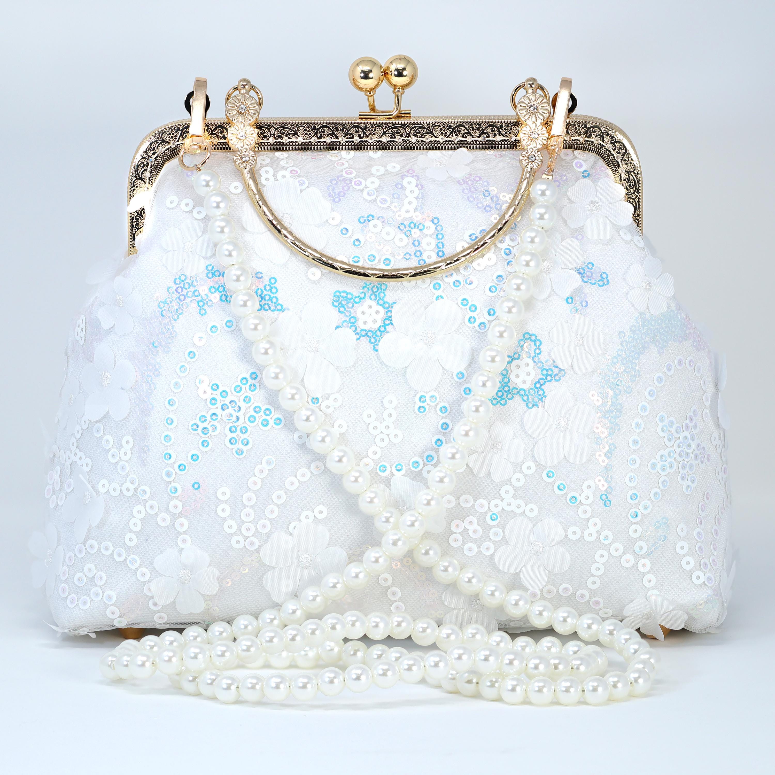 Faux Pearl Embroidered Shimmering Rainbow Floral Bouquet Bridal Wedding Bag, Statement Bag, Evening Wedding Clutch, Cross Body Bag