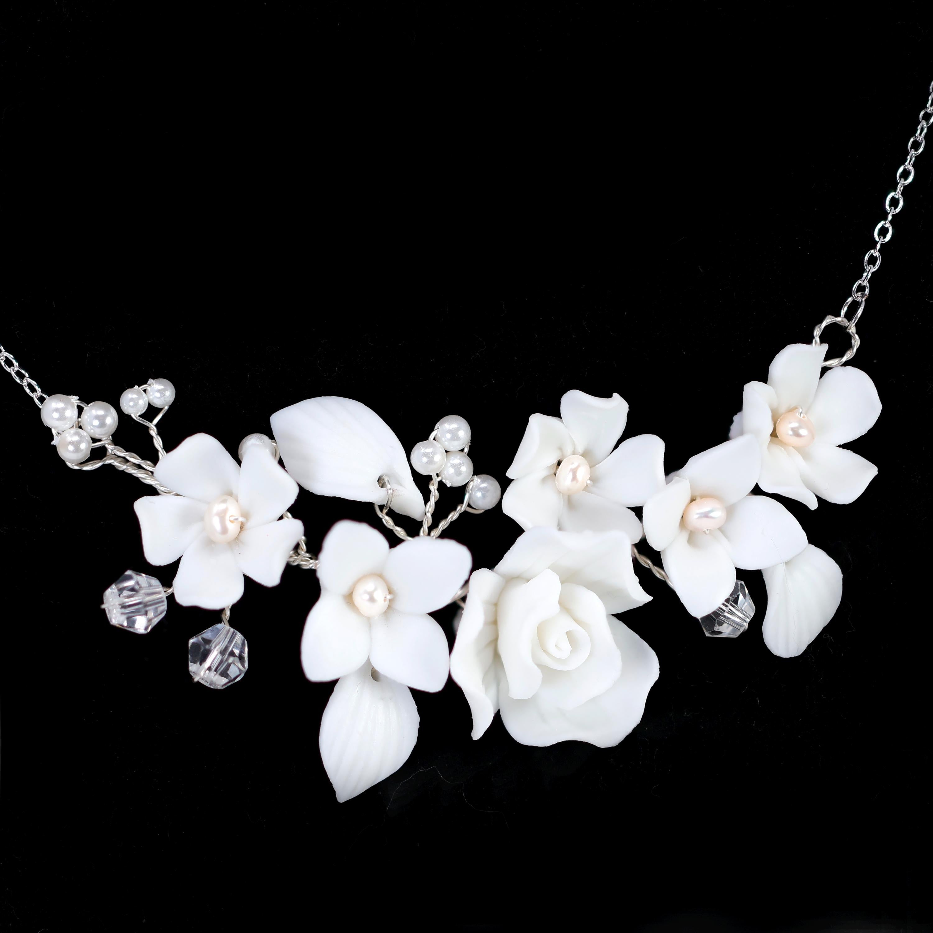 Ceramic White Rose Flower Natural Pearl Necklace, Bridal Necklace, Statement Necklace, Gift For Her.