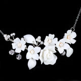 Ceramic White Rose Flower Natural Pearl Necklace, Bridal Necklace, Statement Necklace, Gift For Her.