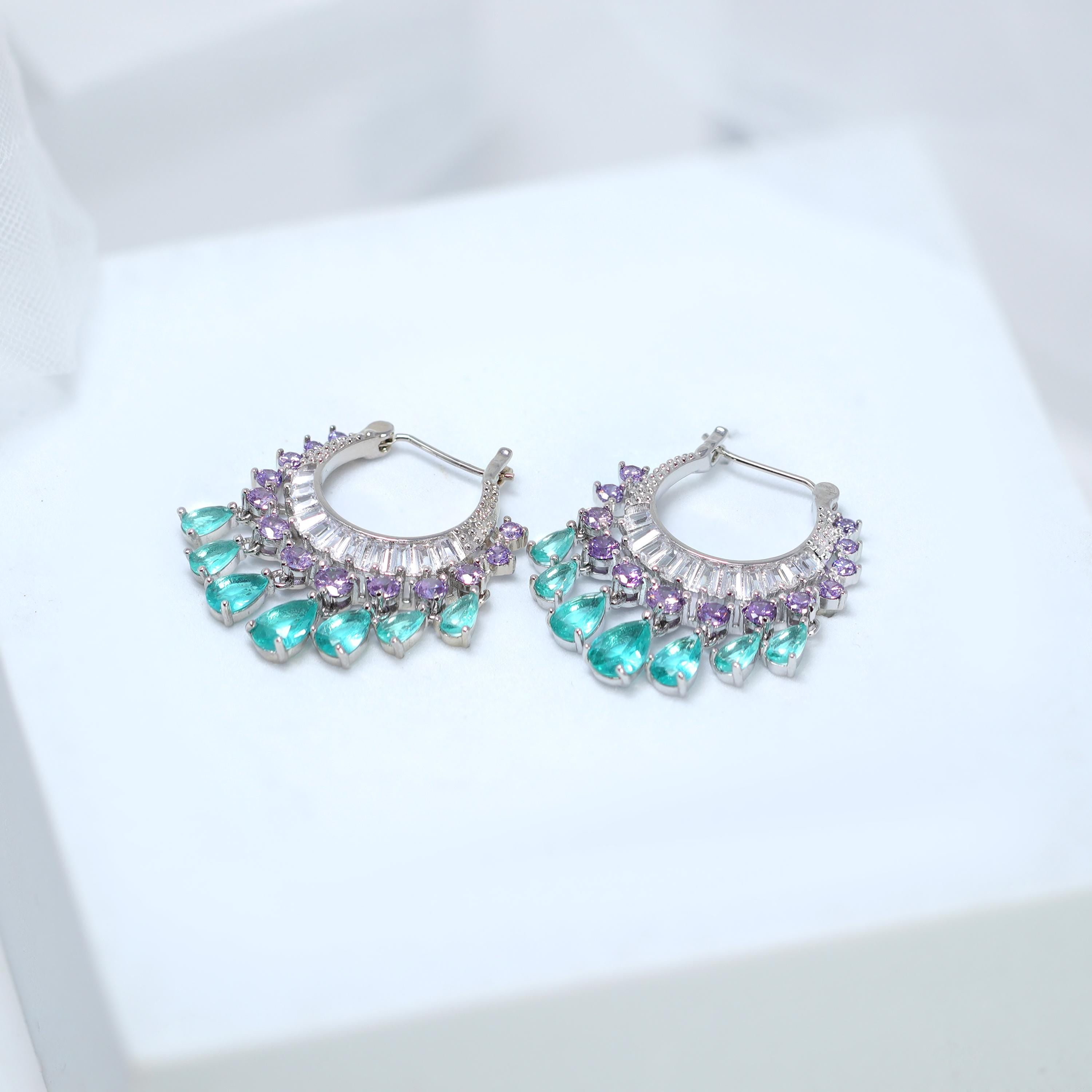 Cubic Zirconia Light Sea Green Purple Water Drop Diamond Earrings, Bridal Jewelry, Crystal Bridal Earrings, Statement Earrings