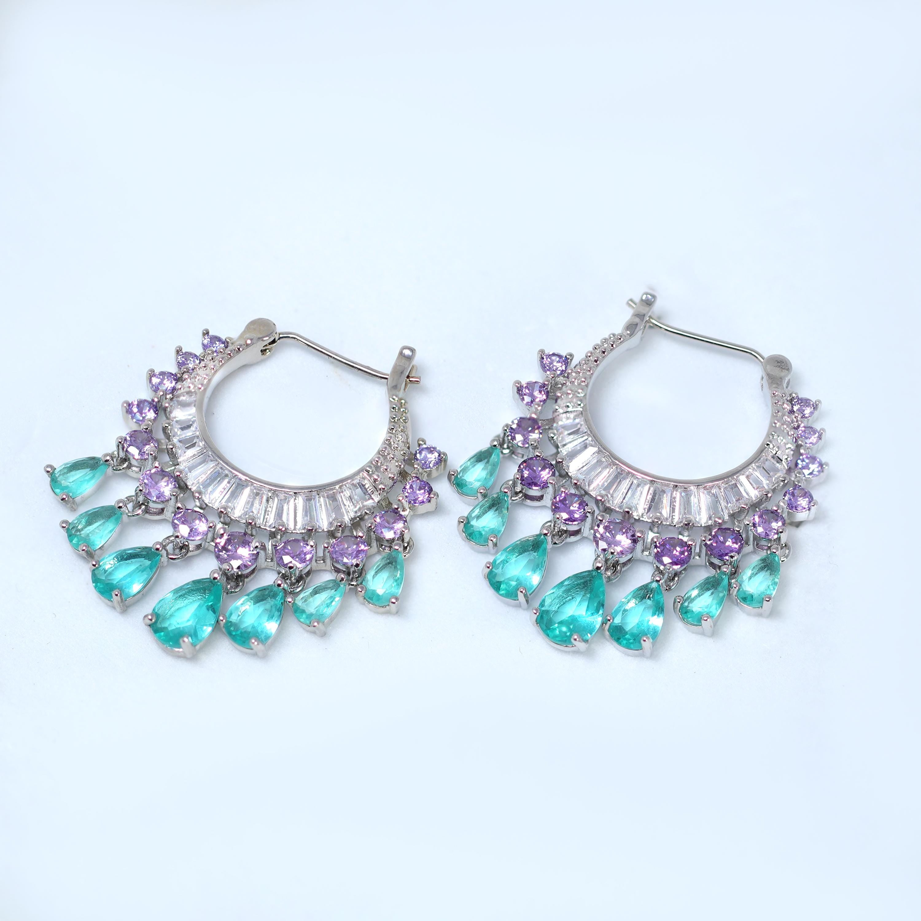 Cubic Zirconia Light Sea Green Purple Water Drop Diamond Earrings, Bridal Jewelry, Crystal Bridal Earrings, Statement Earrings