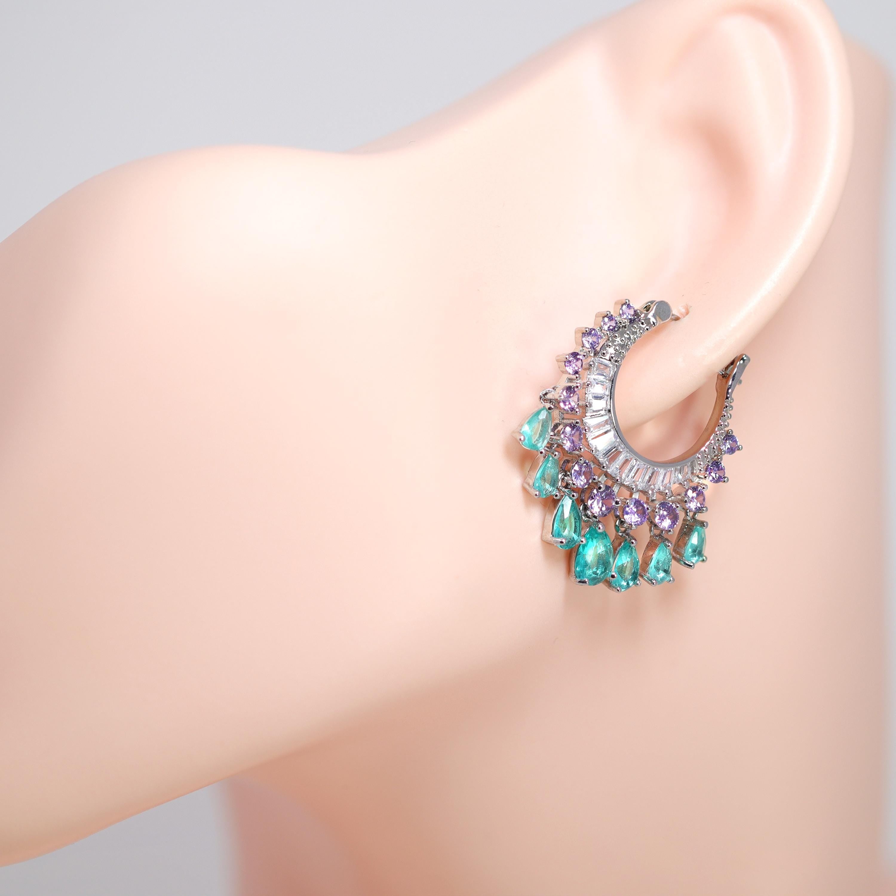 Cubic Zirconia Light Sea Green Purple Water Drop Diamond Earrings, Bridal Jewelry, Crystal Bridal Earrings, Statement Earrings