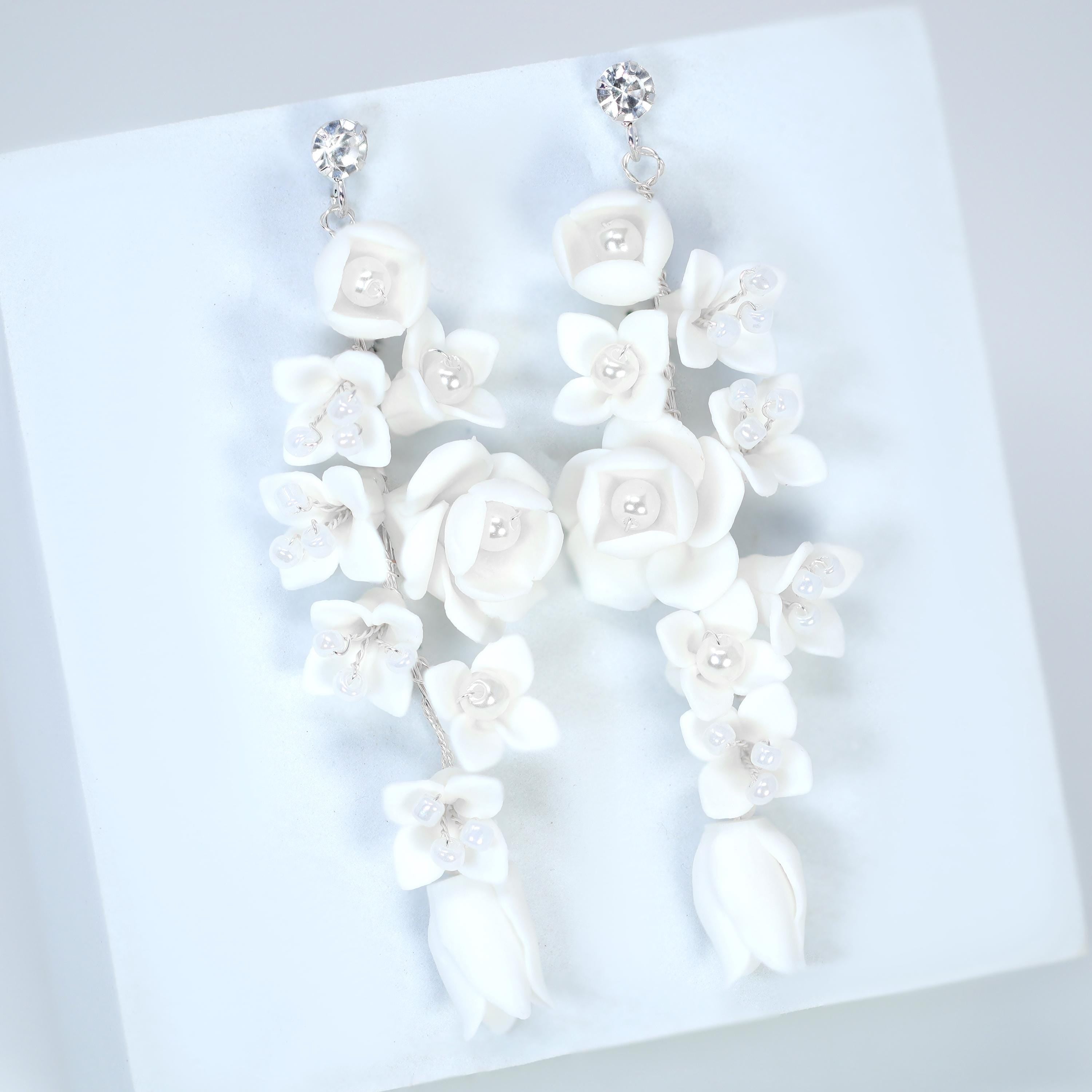 White Rose Floral Petals Pearl Earrings, Long Bridal Jewelry Bridal Earrings Crystal Bridal Earrings Statement Earrings Cz