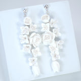 White Rose Floral Petals Pearl Earrings, Long Bridal Jewelry Bridal Earrings Crystal Bridal Earrings Statement Earrings Cz