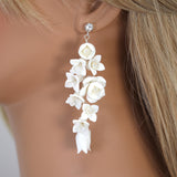 White Rose Floral Petals Pearl Earrings, Long Bridal Jewelry Bridal Earrings Crystal Bridal Earrings Statement Earrings Cz