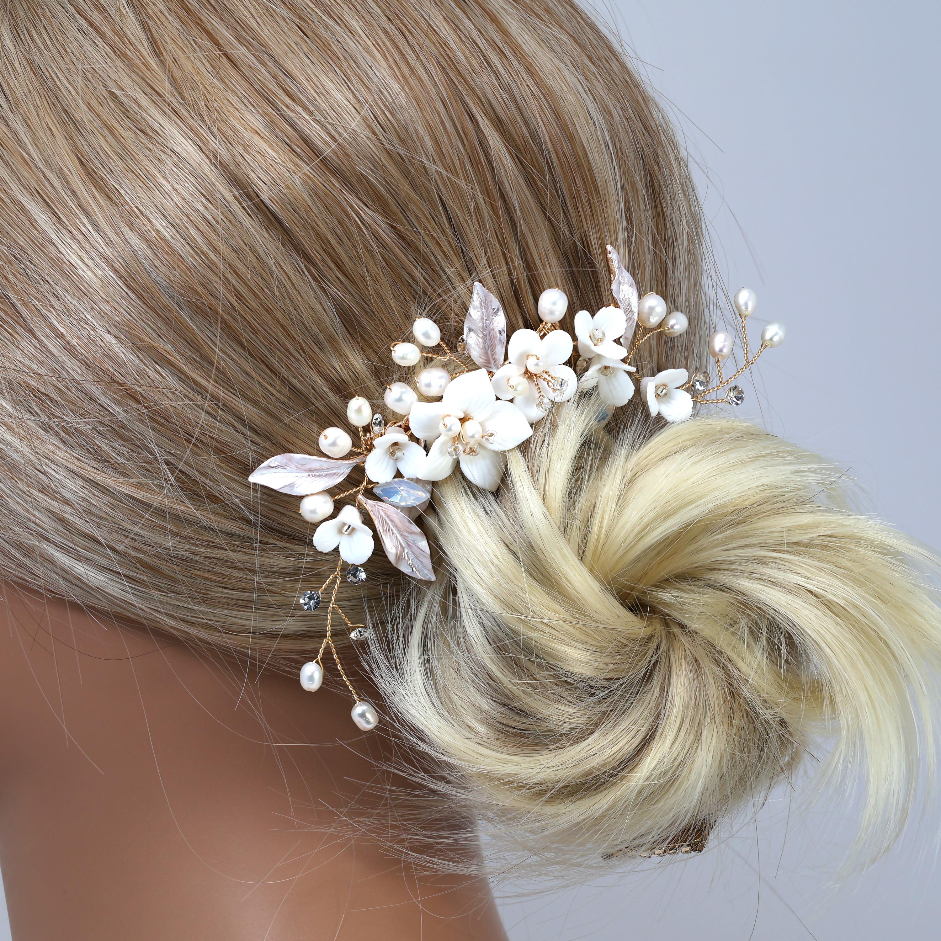 Swarovski Crystal Gilded Petals & Pearls Garden Hair comb, Bridal Hair piece, Bridal Hair Accessories, Wedding Hair Accessory.