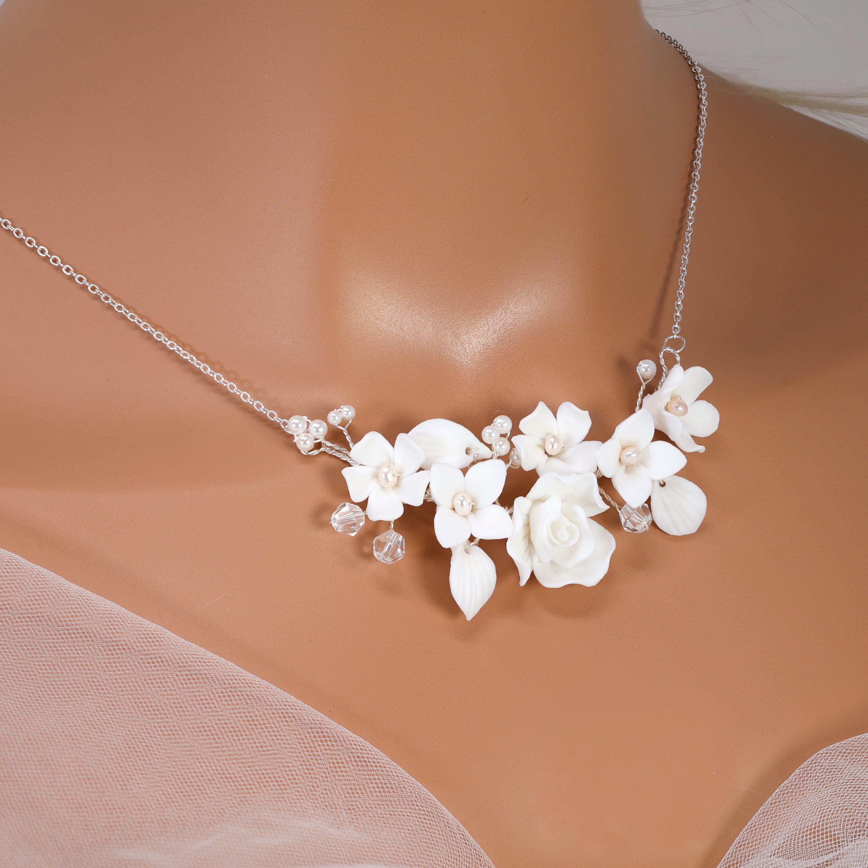 Ceramic White Rose Flower Natural Pearl Necklace, Bridal Necklace, Statement Necklace, Gift For Her.