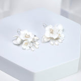 Swarovski Freshwater Gold White Flower Crystal Necklace set , Long Bridal Jewelry Crystal Necklace Bridal Earrings Statement Earrings