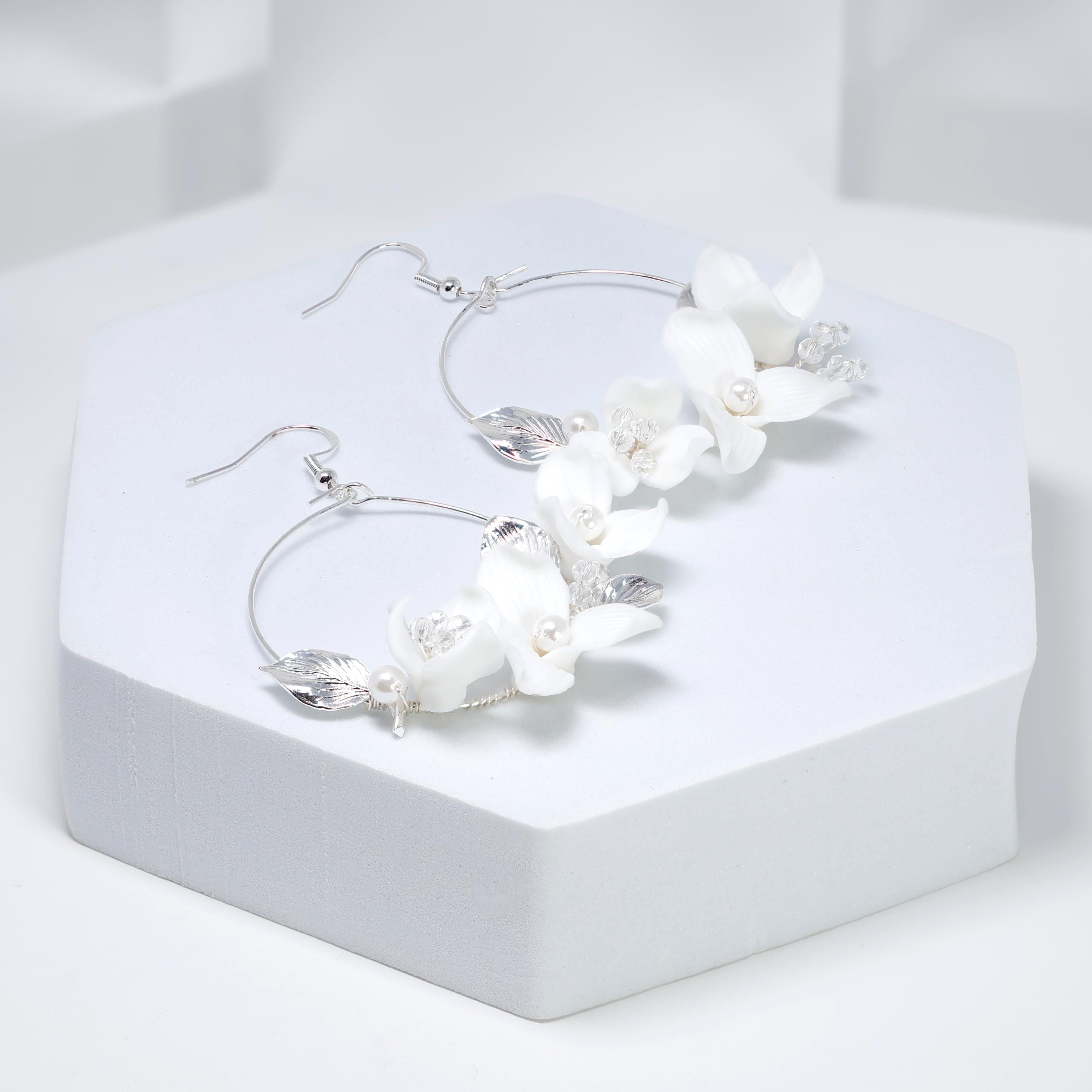 Faux Pearl Ceramic White Flower Dangle Hoop Earrings, Bridal Jewelry, Pearl Bridal Earrings, Statement Dangle Earrings