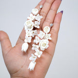 White Rose Floral Petals Pearl Earrings, Long Bridal Jewelry Bridal Earrings Crystal Bridal Earrings Statement Earrings Cz