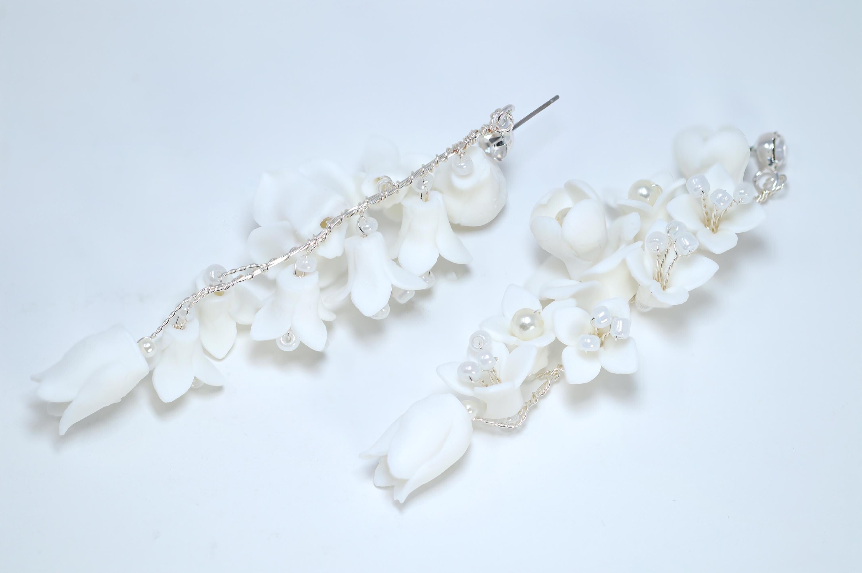 White Rose Floral Petals Pearl Earrings, Long Bridal Jewelry Bridal Earrings Crystal Bridal Earrings Statement Earrings Cz