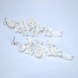 White Rose Floral Petals Pearl Earrings, Long Bridal Jewelry Bridal Earrings Crystal Bridal Earrings Statement Earrings Cz