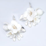 Swarovski Freshwater Gold White Flower Crystal Necklace set , Long Bridal Jewelry Crystal Necklace Bridal Earrings Statement Earrings