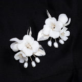 Swarovski Freshwater Gold White Flower Crystal Necklace set , Long Bridal Jewelry Crystal Necklace Bridal Earrings Statement Earrings