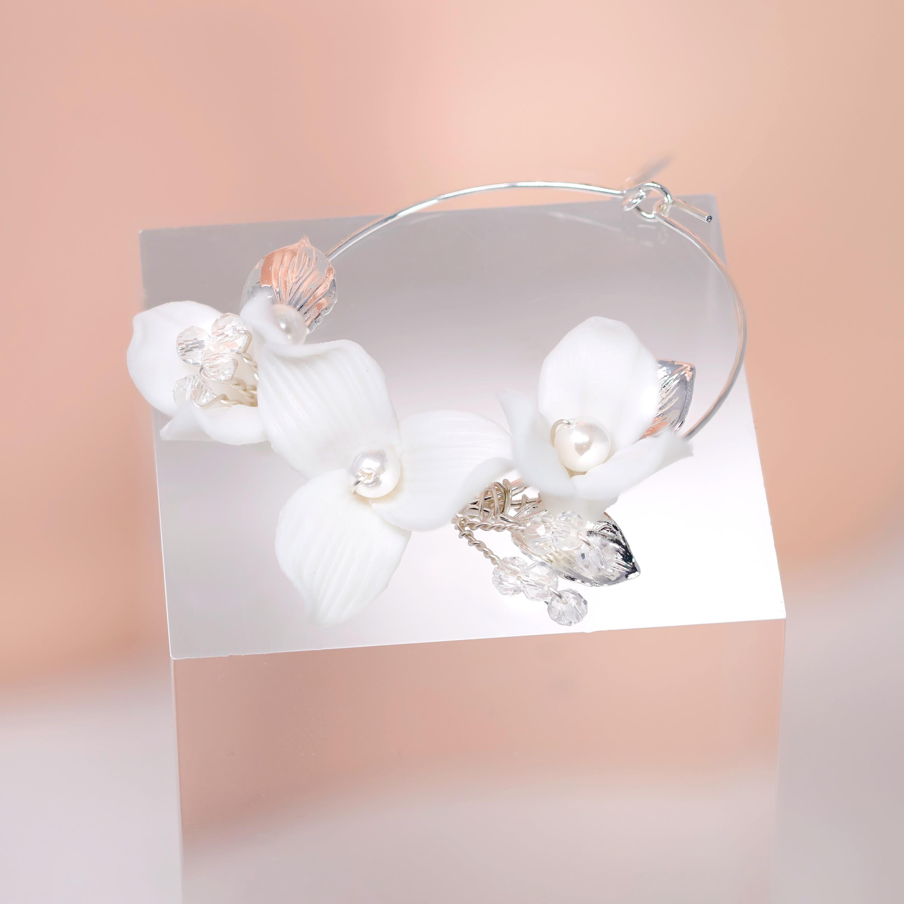 Faux Pearl Ceramic White Flower Dangle Hoop Earrings, Bridal Jewelry, Pearl Bridal Earrings, Statement Dangle Earrings