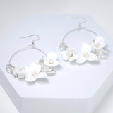 Faux Pearl Ceramic White Flower Dangle Hoop Earrings, Bridal Jewelry, Pearl Bridal Earrings, Statement Dangle Earrings