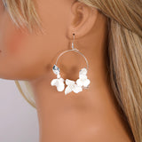 Faux Pearl Ceramic White Flower Dangle Hoop Earrings, Bridal Jewelry, Pearl Bridal Earrings, Statement Dangle Earrings