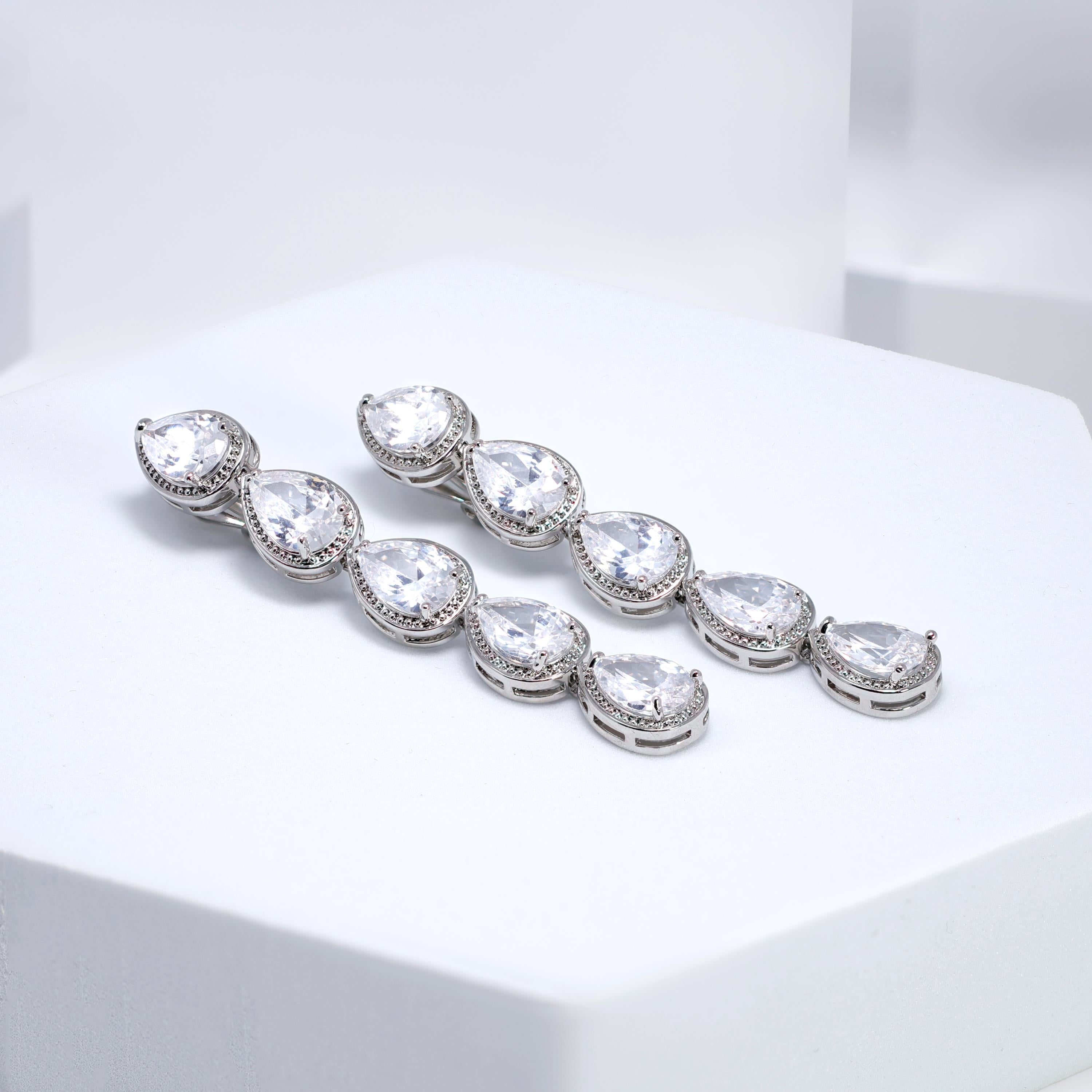 CZ Long Tassel Clip-On Teardrop Earrings, Crystal Bridal Earrings, Statement Earrings