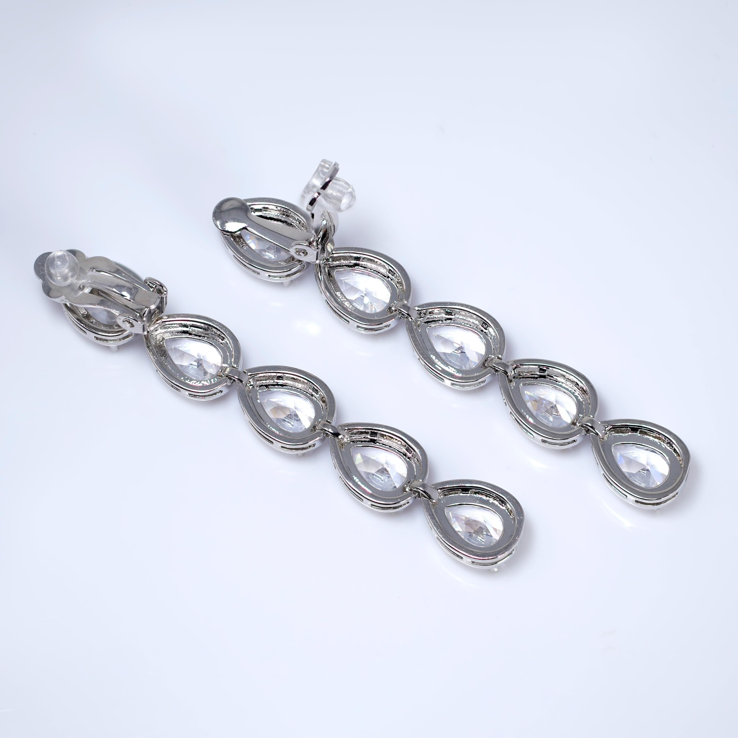 CZ Long Tassel Clip-On Teardrop Earrings, Crystal Bridal Earrings, Statement Earrings