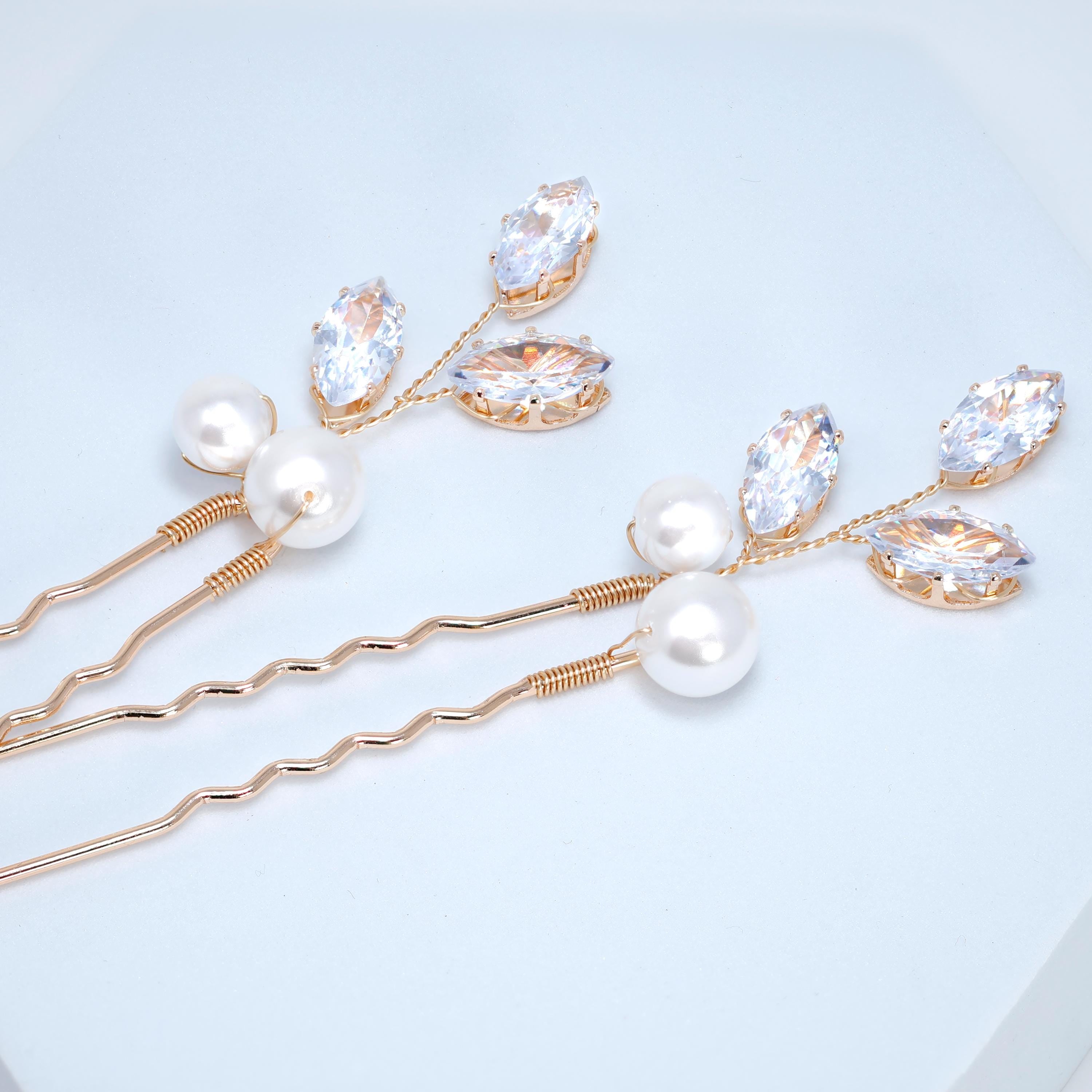 CZ Sparkling Leaves In Pearly Garden Set of 2 Hair Pins , Swarovski Hair pins Set, Bridal Hair Accessories, Pearl hair pins, Gift For Her