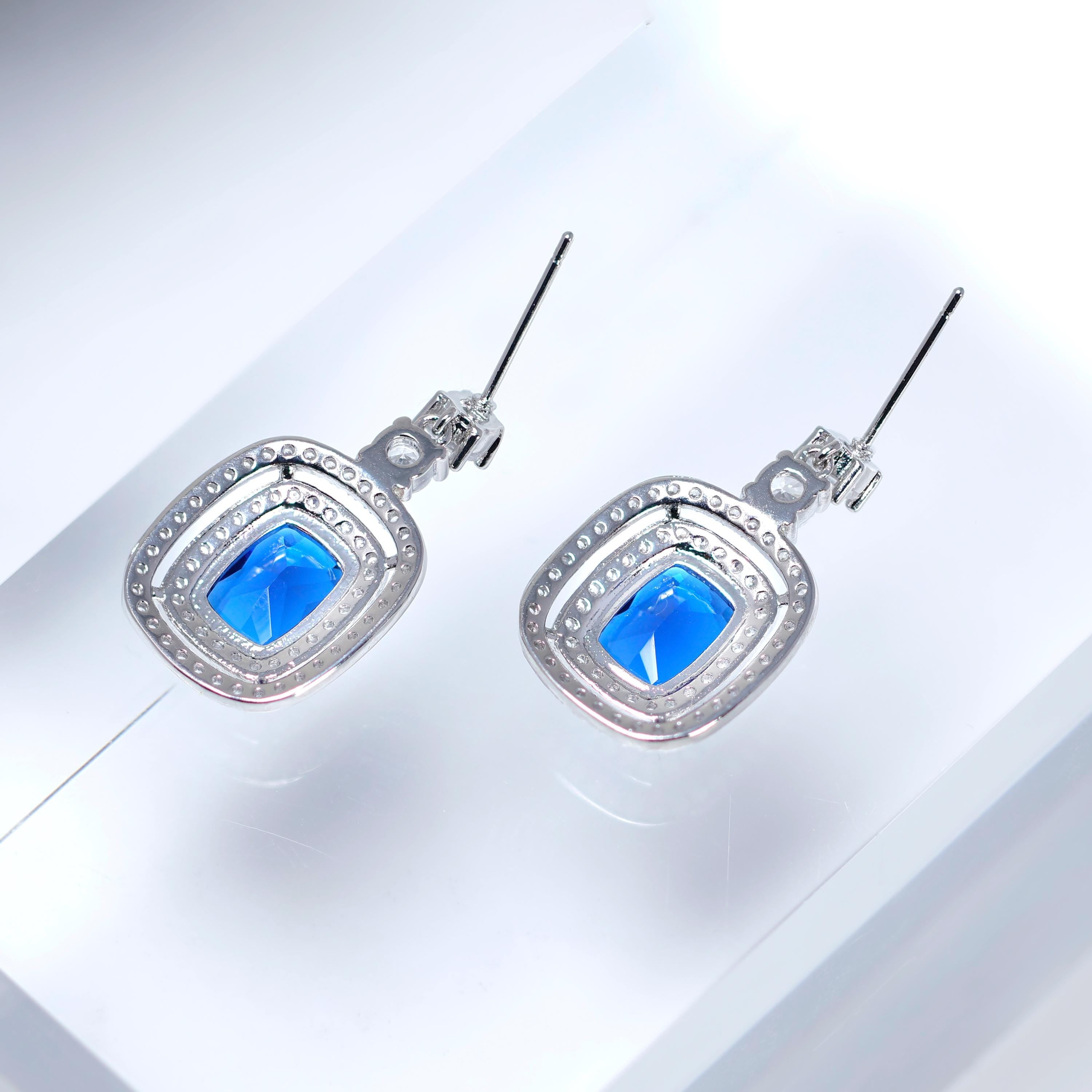 Royal Blue Majestic Aurora CZ Diamond Dangle Earrings, Bridal Jewelry, cushion cut Bridal Earrings, Crystal Statement Earrings Cz