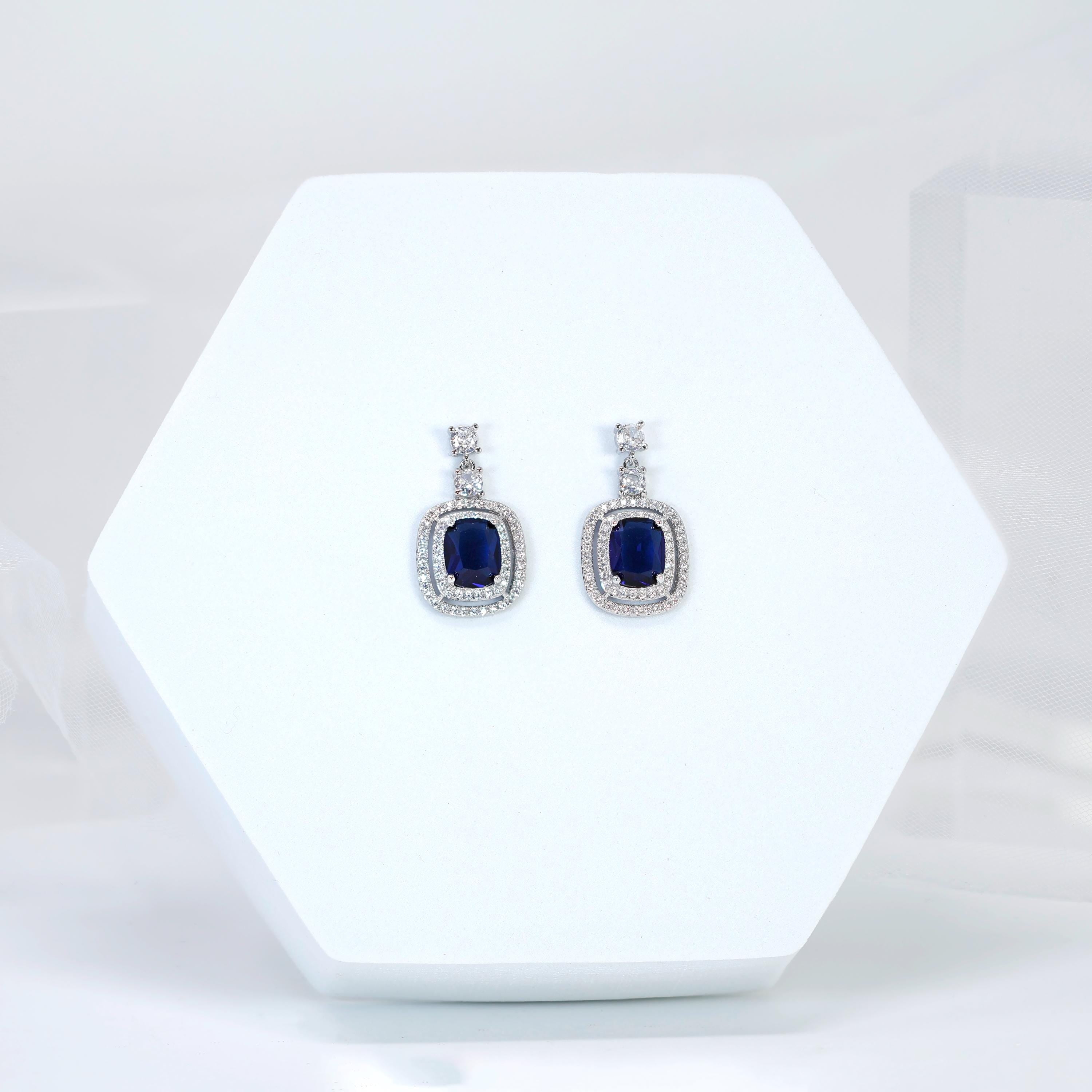 Royal Blue Majestic Aurora CZ Diamond Dangle Earrings, Bridal Jewelry, cushion cut Bridal Earrings, Crystal Statement Earrings Cz