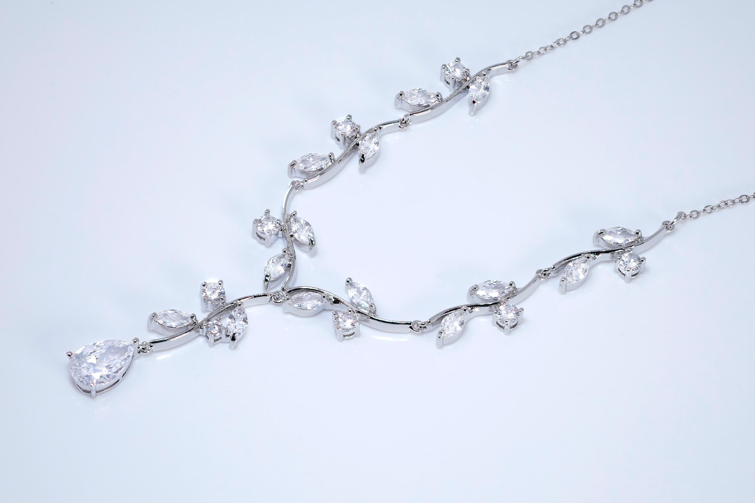 CZ Echoes of the Enchanted Vine Necklace Set, Long Bridal Jewelry, Bridal Earrings And Necklace, Statement Earrings Cz Necklace Set.