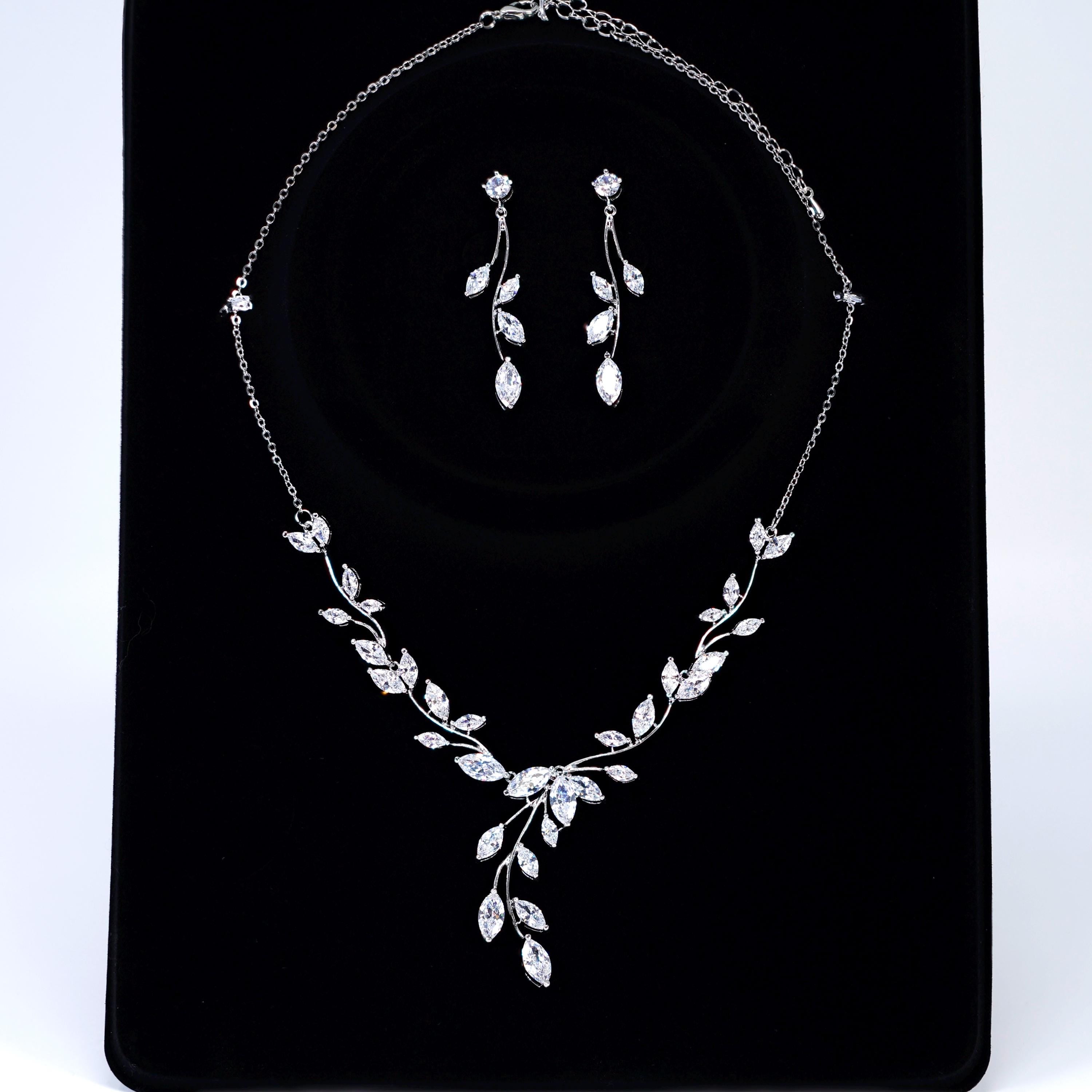 CZ Leaves Dancing with Light Necklace Set, Long Bridal Jewelry, Bridal Earrings And Necklace, Statement Earrings Cz Necklace Set.