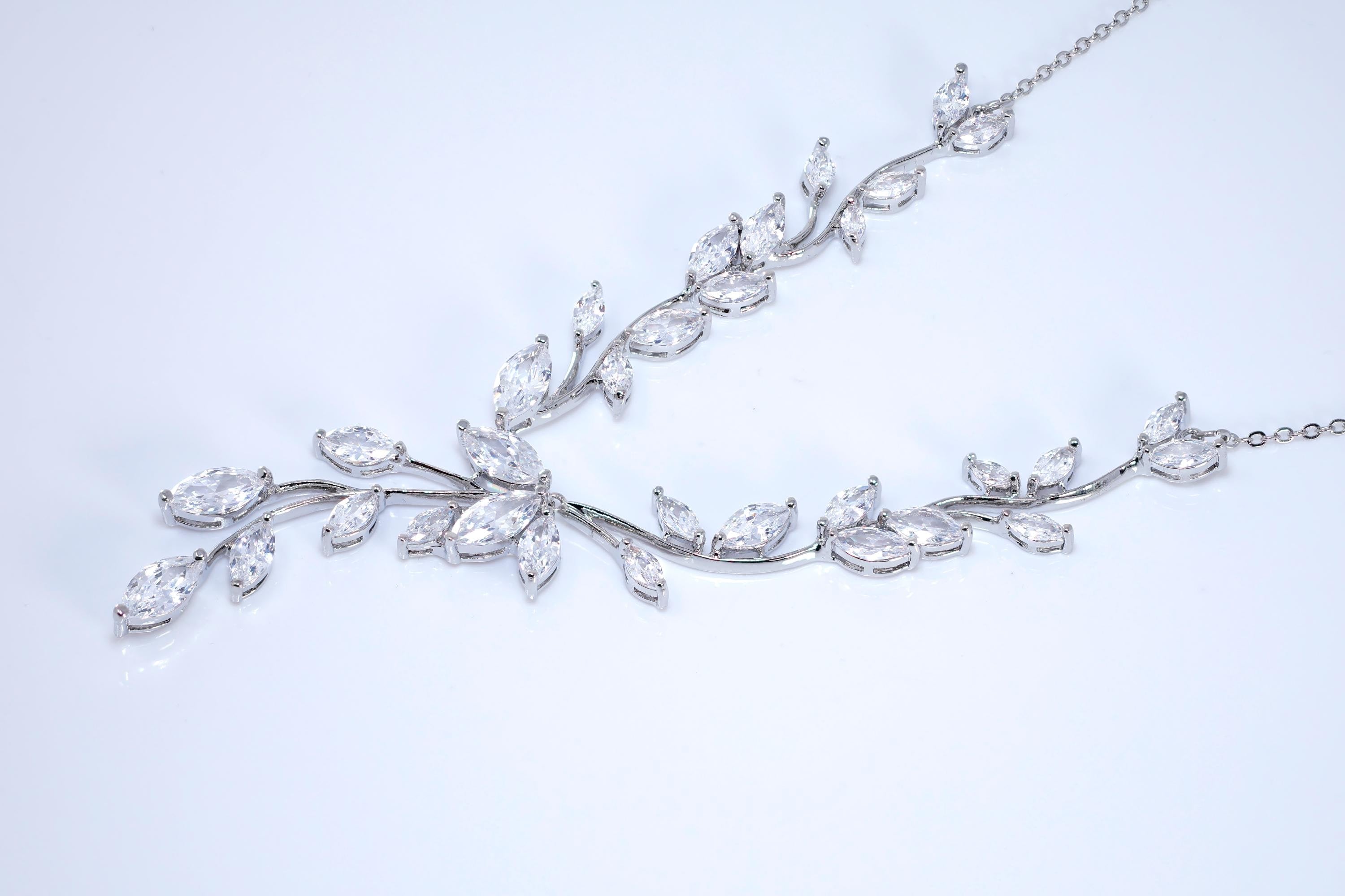 CZ Leaves Dancing with Light Necklace Set, Long Bridal Jewelry, Bridal Earrings And Necklace, Statement Earrings Cz Necklace Set.
