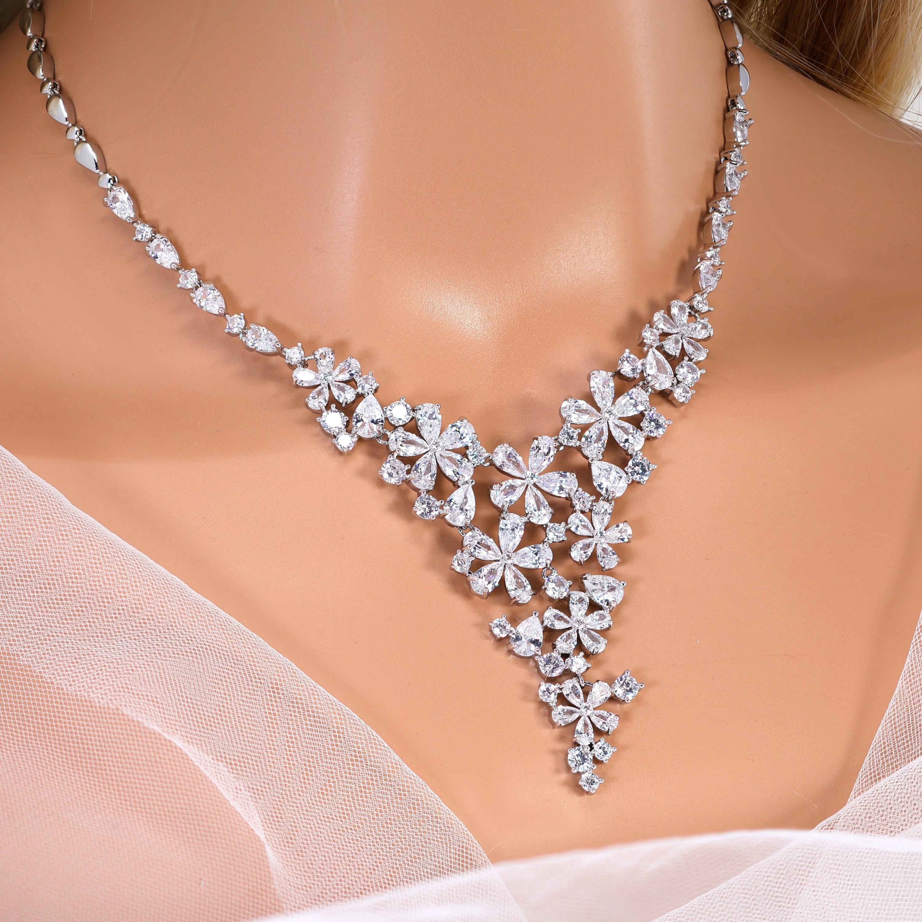 CZ Floral Wishes in a Crystal Dawn Necklace, Long Bridal Jewelry, Bridal Earrings And Necklace, Statement Earrings Cz Necklace Set.