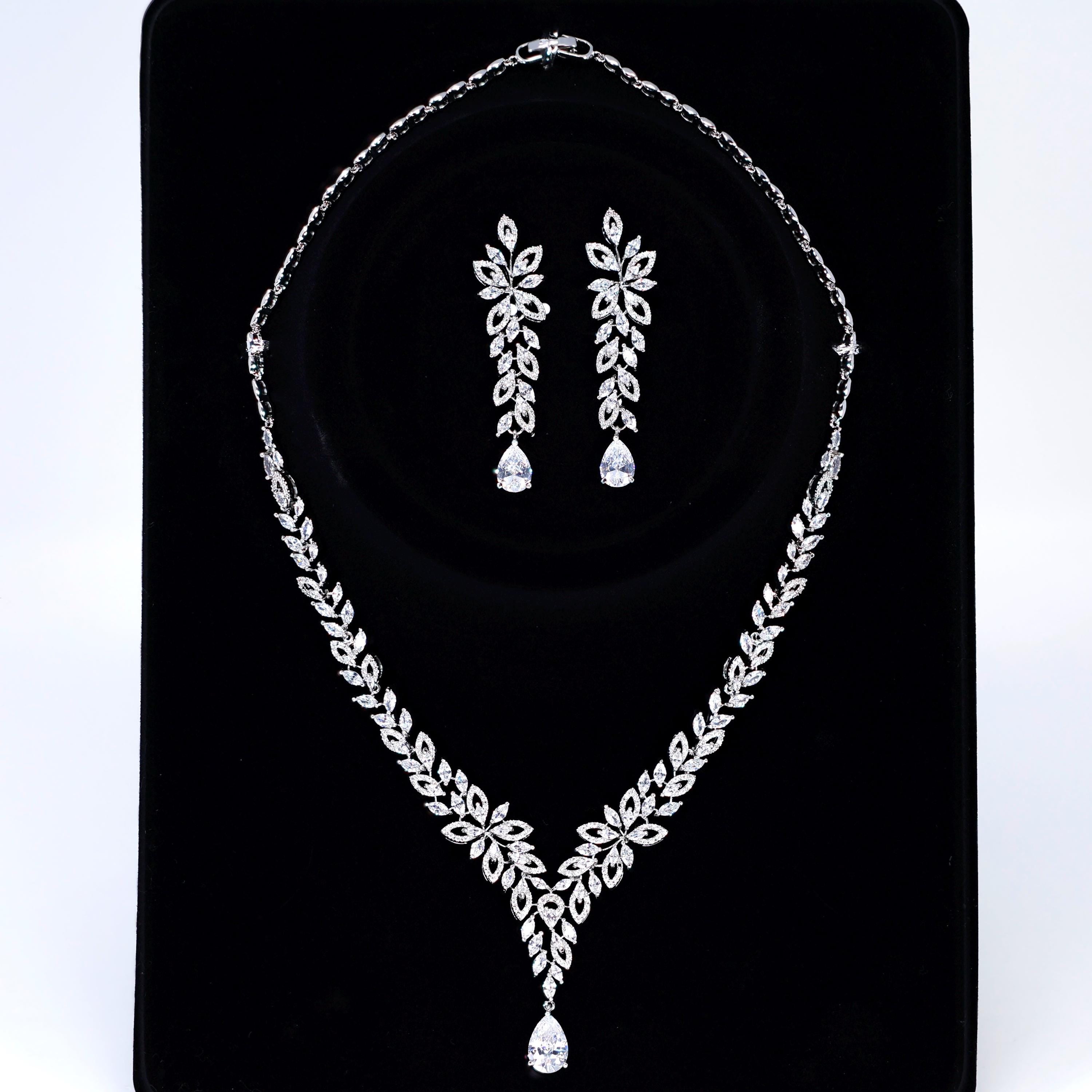 CZ The Bride’s Song in Silver Petals Necklace, Long Bridal Jewelry, Bridal Earrings And Necklace, Statement Earrings CZ Necklace Set.