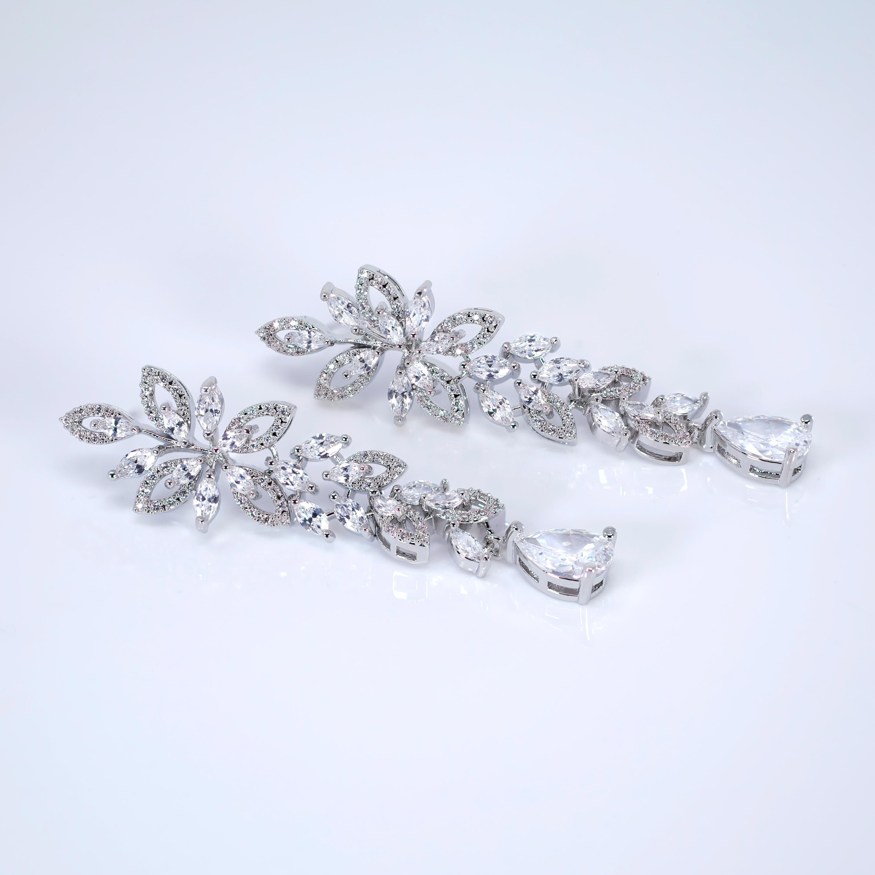 CZ The Bride’s Song in Silver Petals Necklace, Long Bridal Jewelry, Bridal Earrings And Necklace, Statement Earrings CZ Necklace Set.