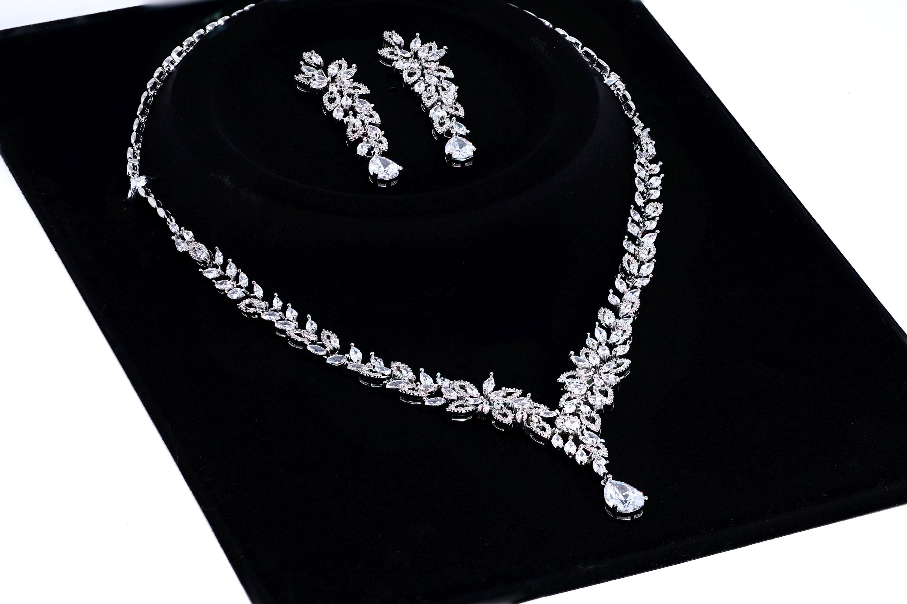CZ The Bride’s Song in Silver Petals Necklace, Long Bridal Jewelry, Bridal Earrings And Necklace, Statement Earrings CZ Necklace Set.
